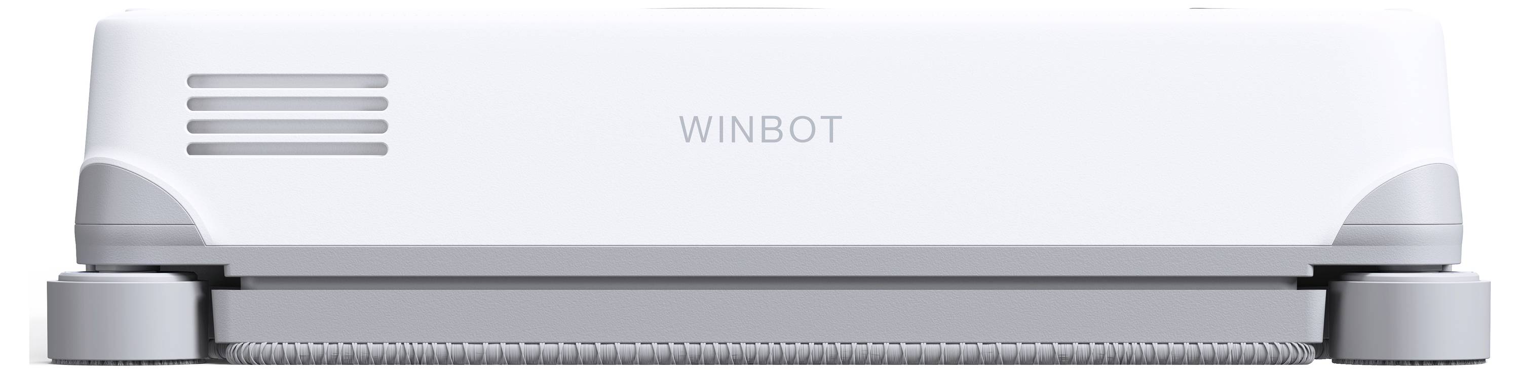 Weißer WINBOT Fensterreinigungsroboter mit abgerundeten Ecken, in Seitenansicht dargestellt mit einem grauen Reinigungsbelag oder einer grauen Walze entlang der Unterseite.