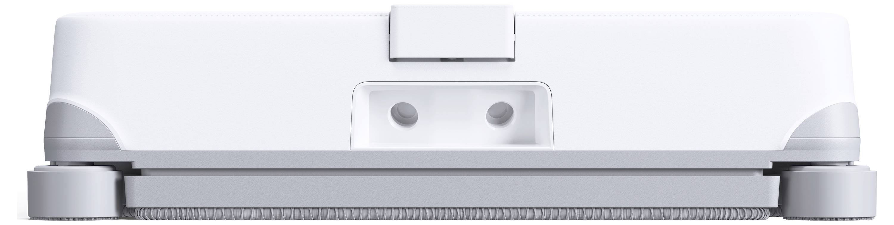 Weißes elektronisches Gerät von vorne gezeigt, mit einer zentralen Halterung und zwei runden Sensoren oder Lichtern.