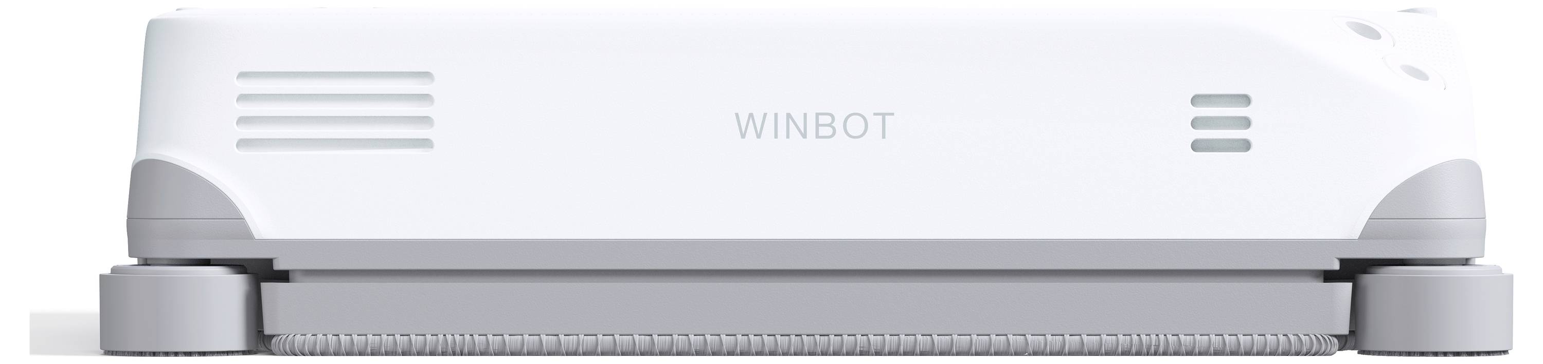 Weiß-grauer Winbot-Fensterreinigungsroboter mit grauen Kantengriffen und zentralem WINBOT-Etikett, in Vorderansicht dargestellt.