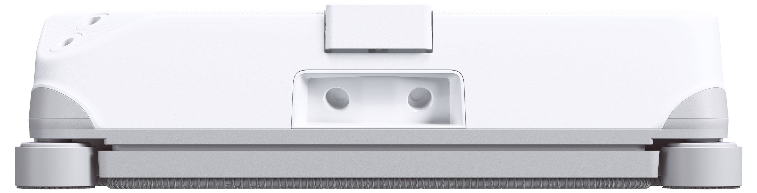 Vorderansicht eines weißen elektronischen Geräts mit einem zentralen Scharnier und einer langen grauen Unterkante, dargestellt vor einem schlichten Hintergrund.