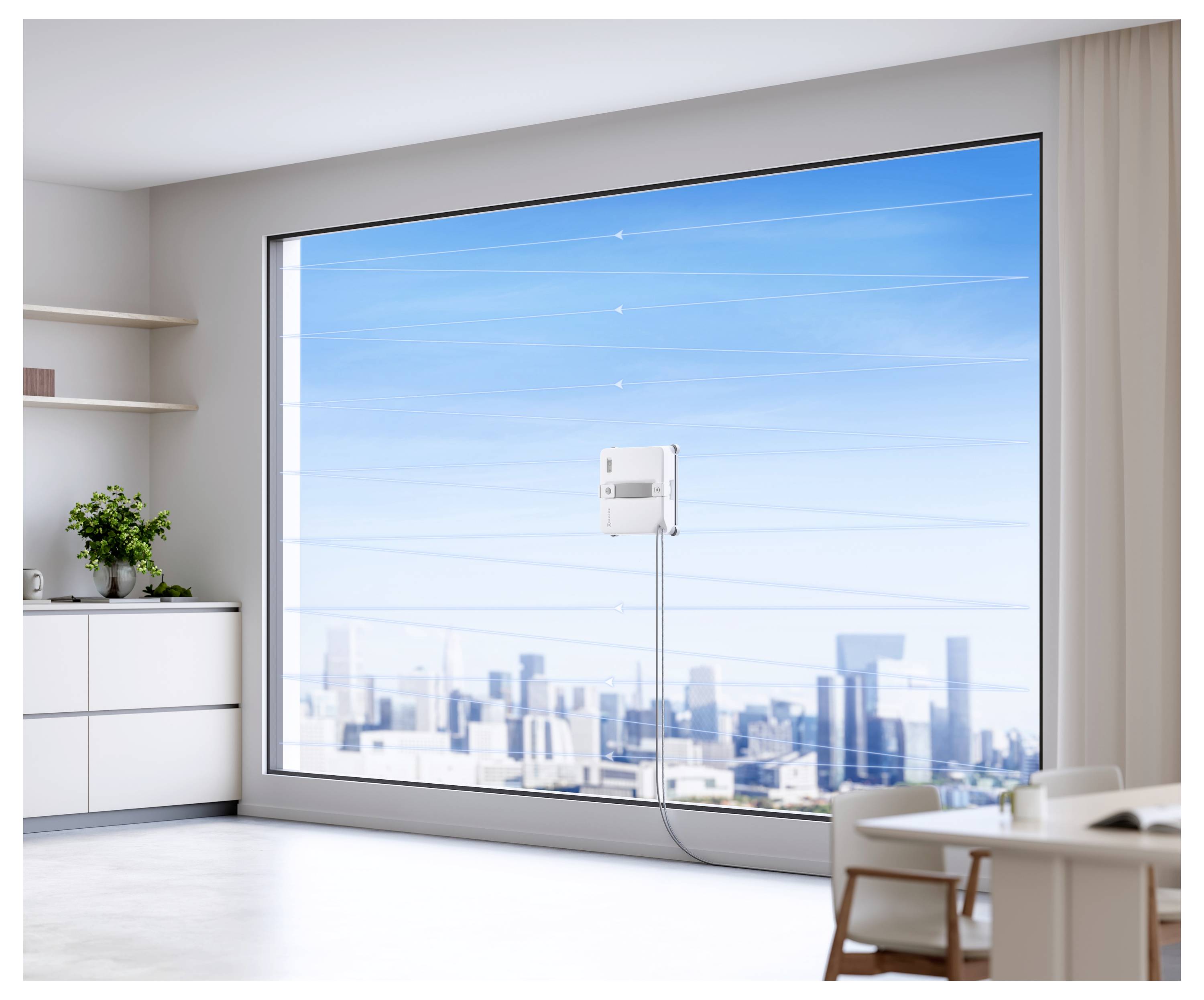 Großes Fenster mit einem montierten weißen Gerät und Kabel mit Blick auf eine helle Stadtsilhouette in einem modernen Zimmer.