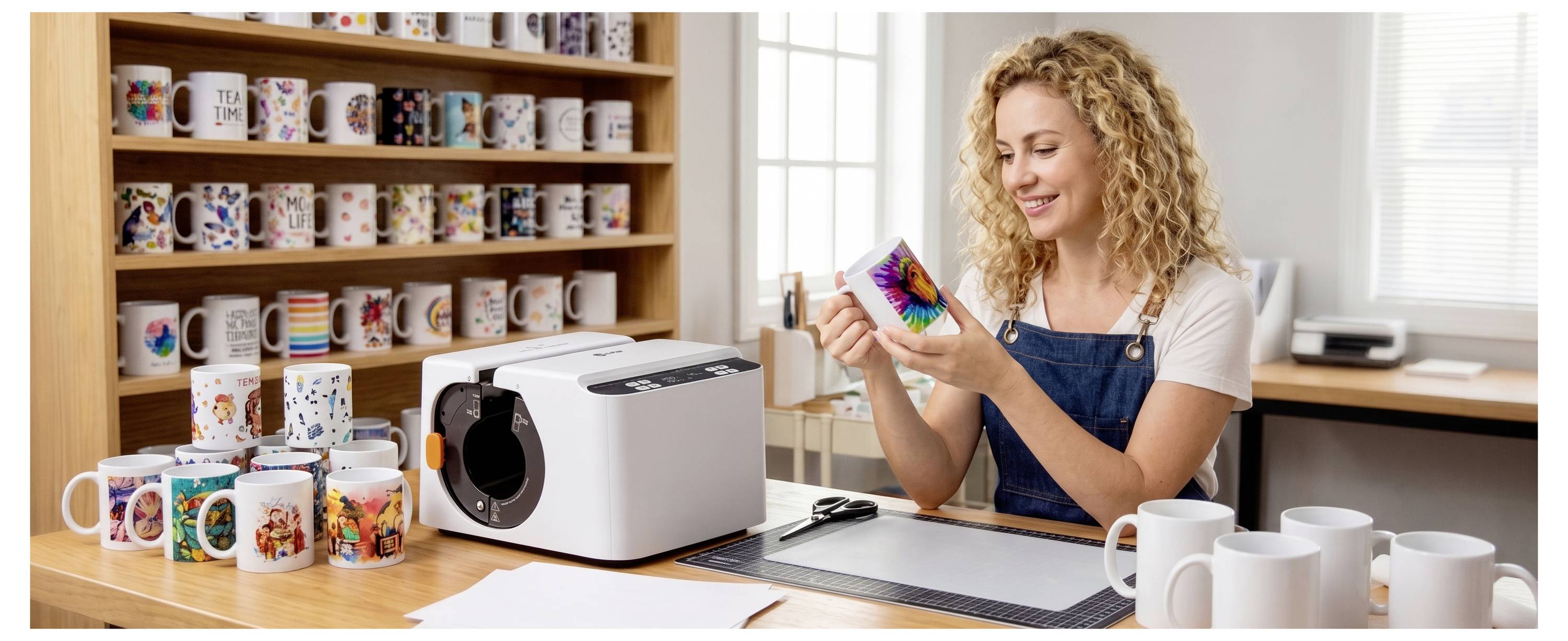 Frau in einer Werkstatt untersucht eine bunte bedruckte Tasse neben einer Tassendruckmaschine, mit Regalen voller fertiggestellter Tassen im Hintergrund.