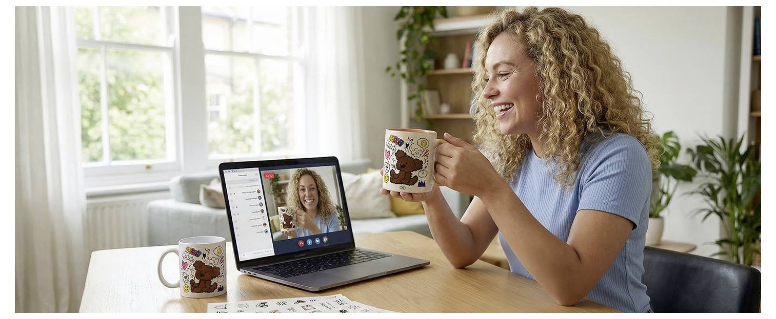 Frau lächelt während eines Videoanrufs auf einem Laptop, während sie eine Tasse hält, an einem Küchentisch neben einem sonnigen Fenster.