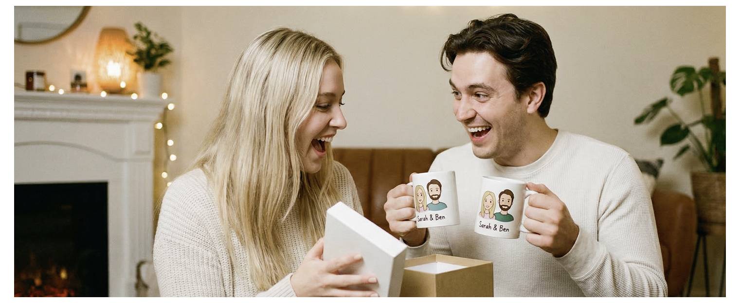 Lächelndes Paar, das eine Geschenkbox öffnet und passende Tassen mit ihren illustrierten Gesichtern und Namen hält.