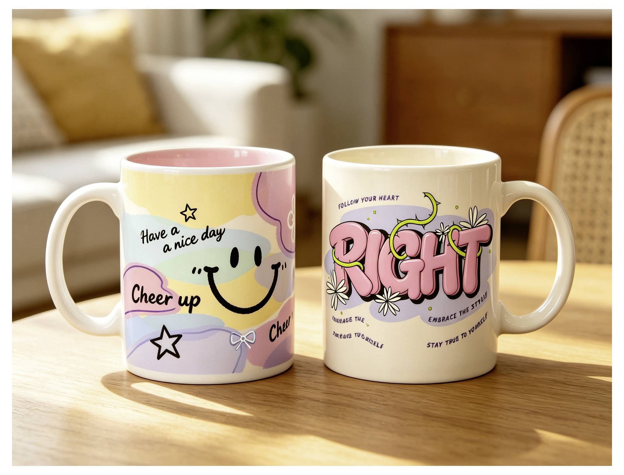 Zwei Keramiktassen auf einem Holztisch: Die eine sagt „Hab einen schönen Tag" und „Kopf hoch" mit einem Smiley-Gesicht, die andere sagt „RICHTIG" mit motivierendem Text.