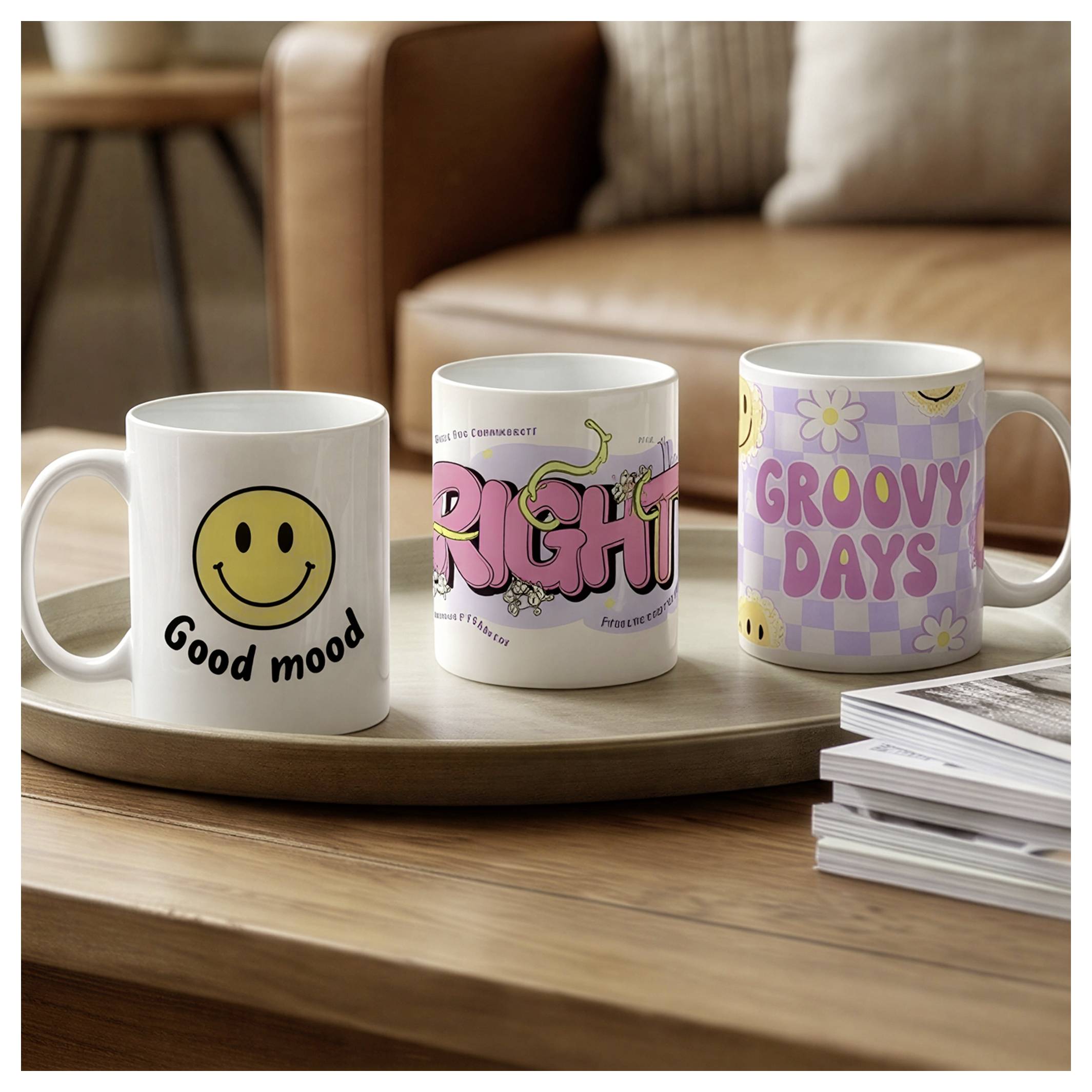 Drei Kaffeetassen auf einem Tablett: eine sagt „Gute Laune" mit einem Smiley-Gesicht, eine sagt „RICHTIG", und eine sagt „GROOVY DAYS" auf einem Tisch.