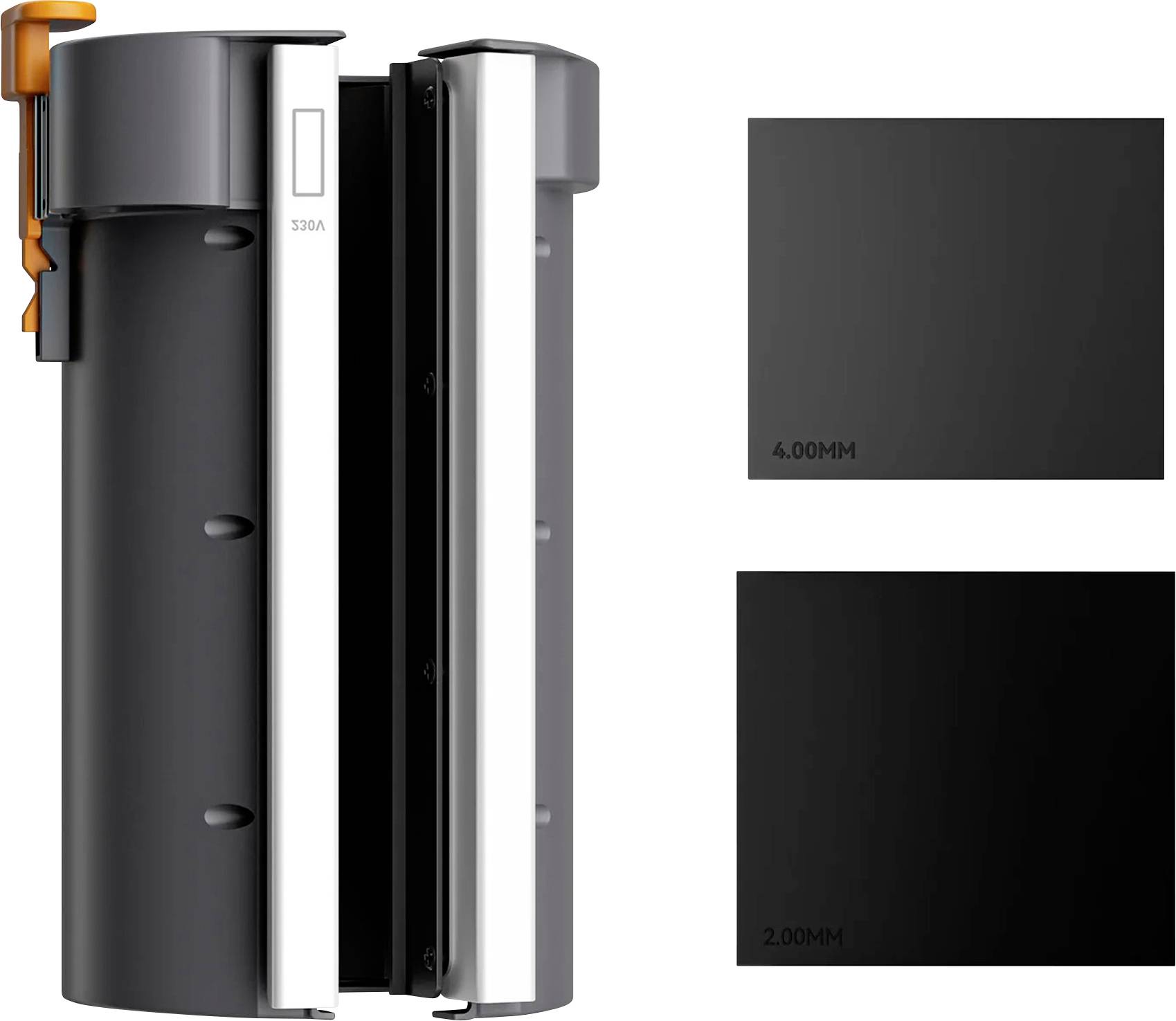 Industriegerät in Seitenansicht mit zwei dunklen Materialmustern mit den Bezeichnungen 4,00 MM und 2,00 MM zum Vergleich von Dicke oder Oberflächenbeschaffenheit.