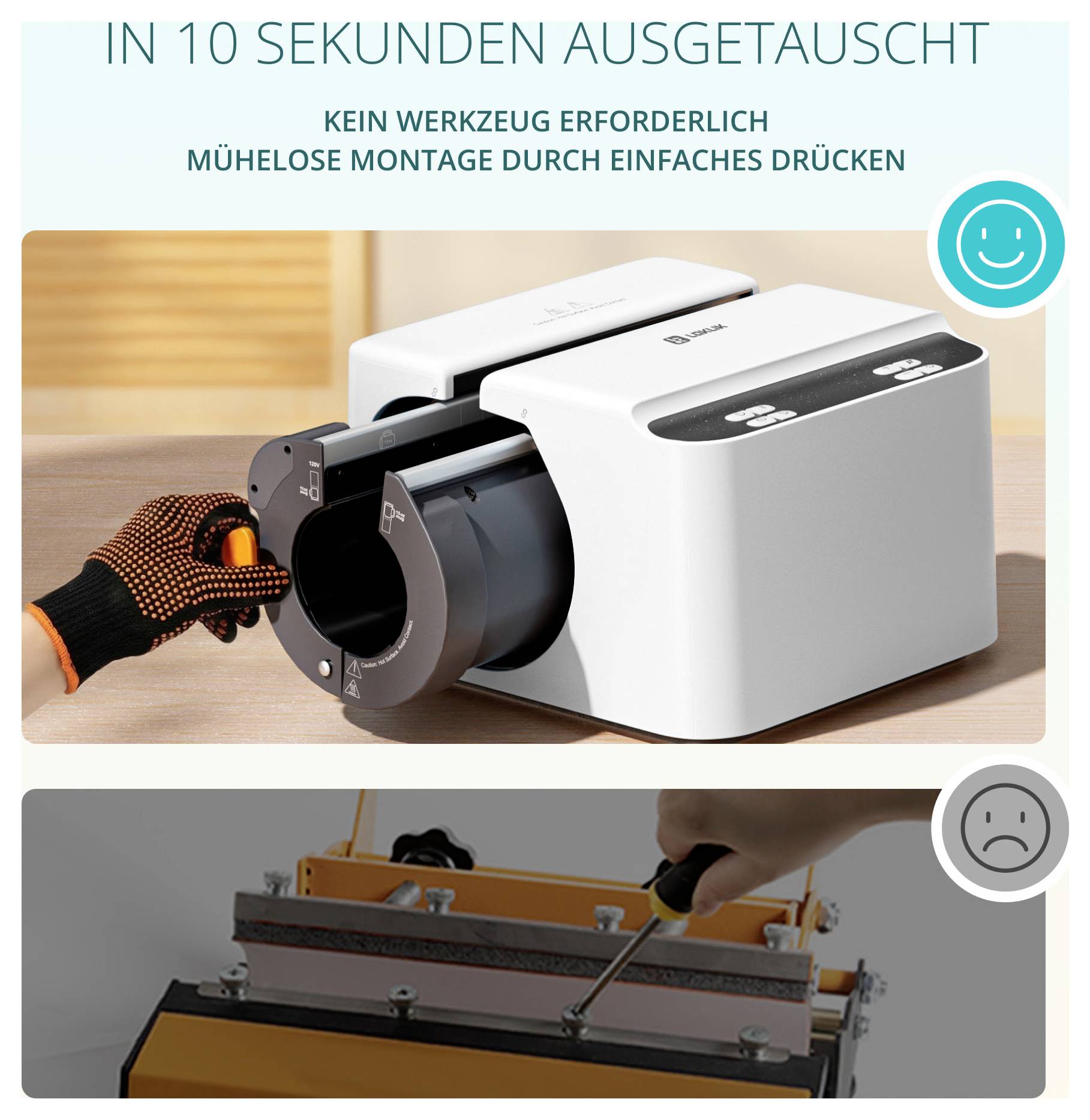 Werbung für einen Staubsauger: Filter wird per Hand eingesetzt, oben steht 'In 10 Sekunden ausgetauscht', 'Kein Werkzeug erforderlich', 'Mühelose Montage durch einfaches Drücken'.