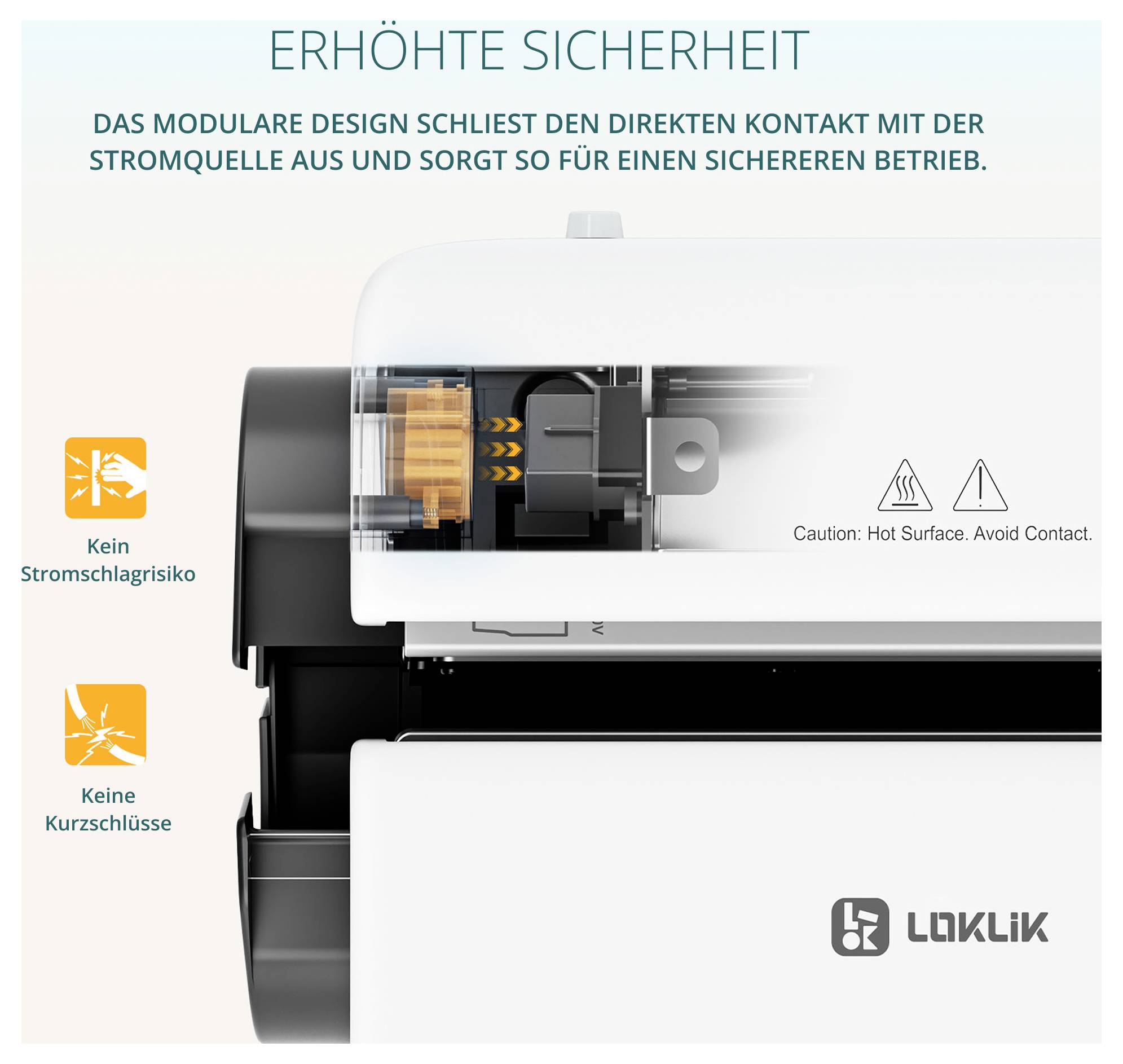 Modulares Gerät mit Hinweis 'Erhöhte Sicherheit': direkter Kontakt mit der Stromquelle wird vermieden; keine Stromschlagrisiko und Kurzschlüsse.