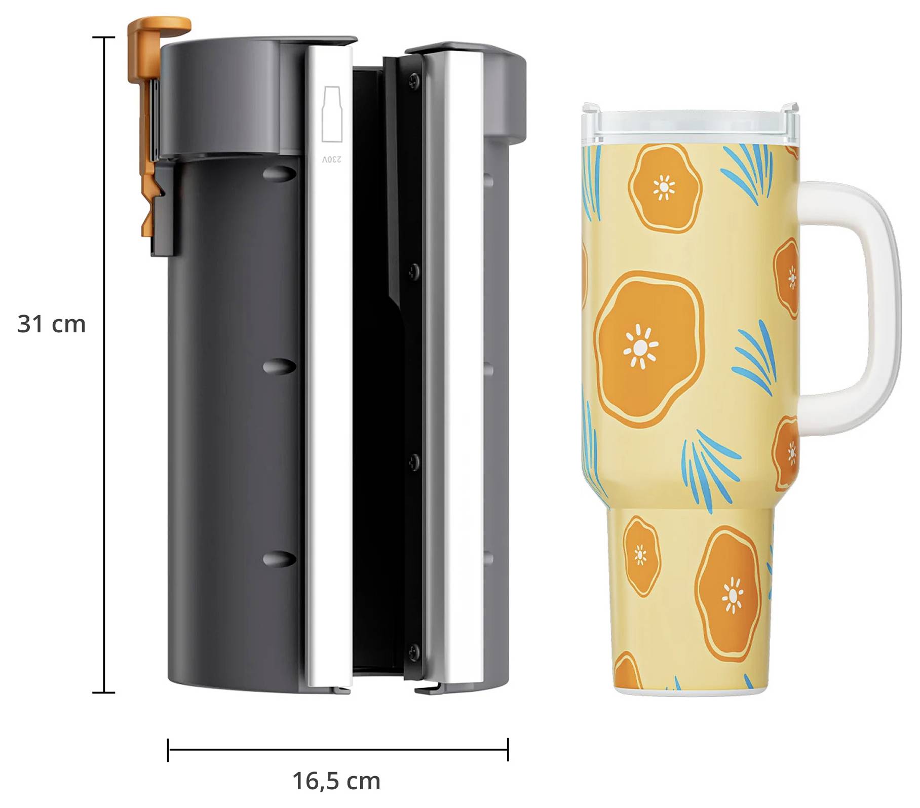 Produktbild zeigt einen hohen schwarzen Reise-Kaffeeautomaten mit den Abmessungen 31 cm hoch und 16,5 cm breit, plus eine gemusterte isolierte Tasse mit Griff.