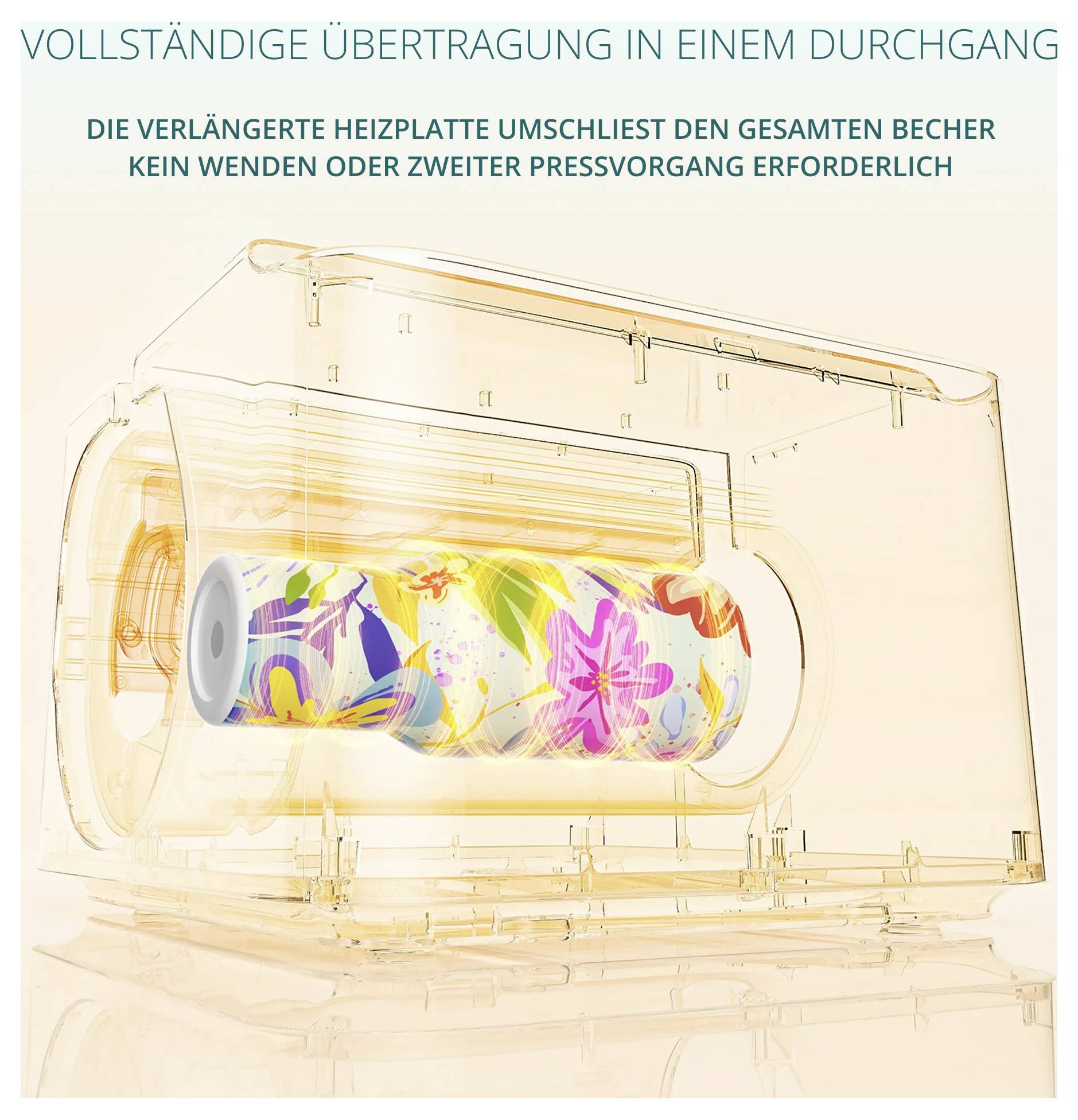 Illustration einer Waschmaschine mit Becher, der in einem Durchgang vollständig gespült wird; Hinweis: 'verlängerte Heizplatte umschließt den gesamten Becher'.