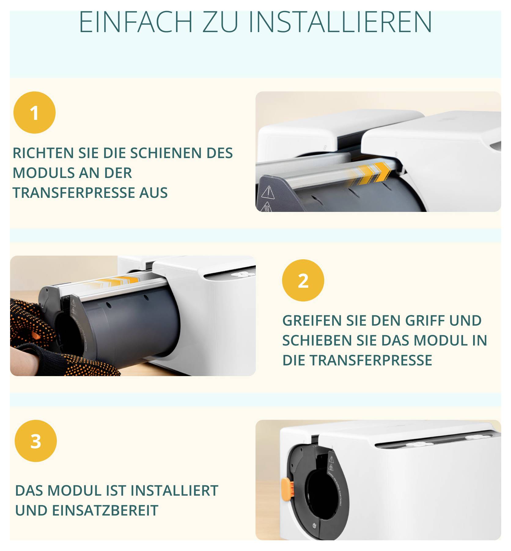 Illustration mit 3 Schritten zur Installation eines Moduls an einer Transferpresse: Schienen ausrichten, Griff greifen und Modul einschieben, fertig installiert.