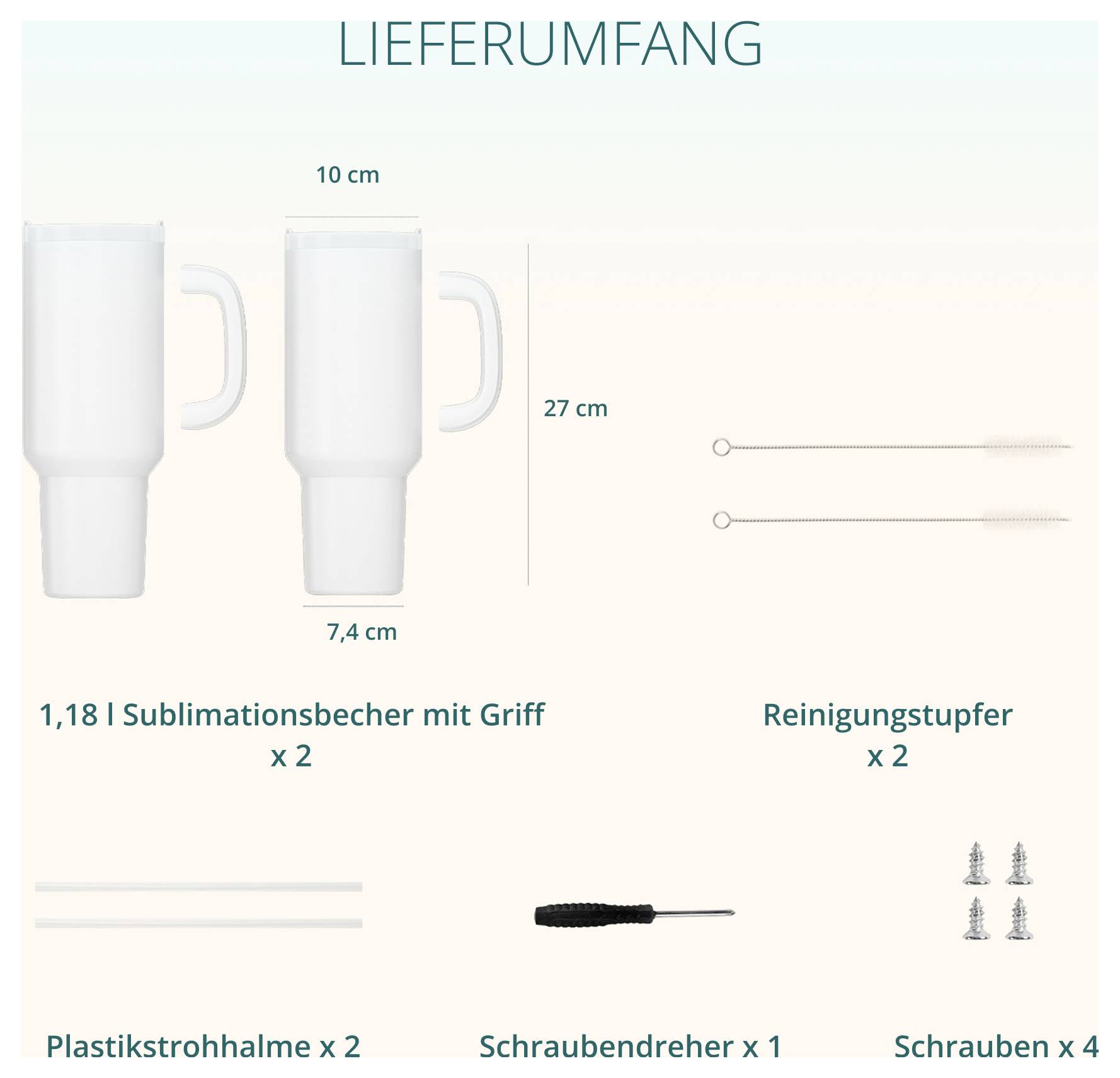 Lieferumfang: 2 Sublimationsbecher mit Griff, 2 Reinigungstupfer, 2 Plastikstrohhalme, 1 Schraubendreher und 4 Schrauben; Becher 27 cm hoch, 10 cm breit, 7,4 cm unten.