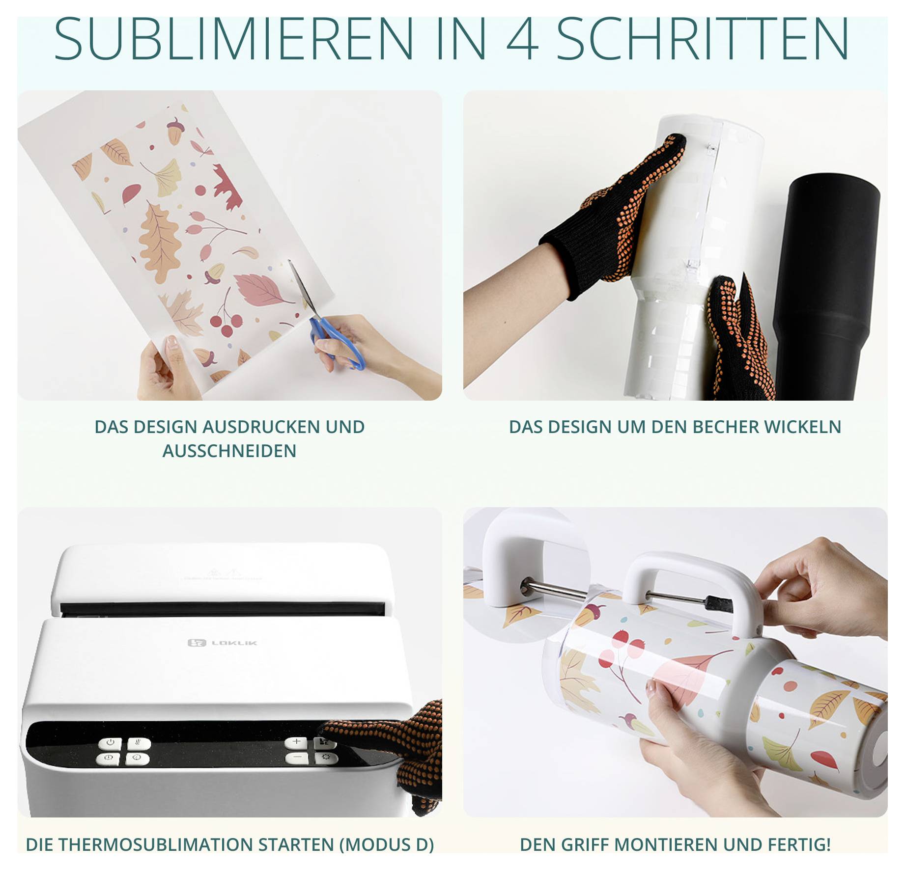 Anleitung 'Sublimieren in 4 Schritten': Design ausdrucken und ausschneiden, um Becher wickeln, Thermosublimation starten, Griff montieren.