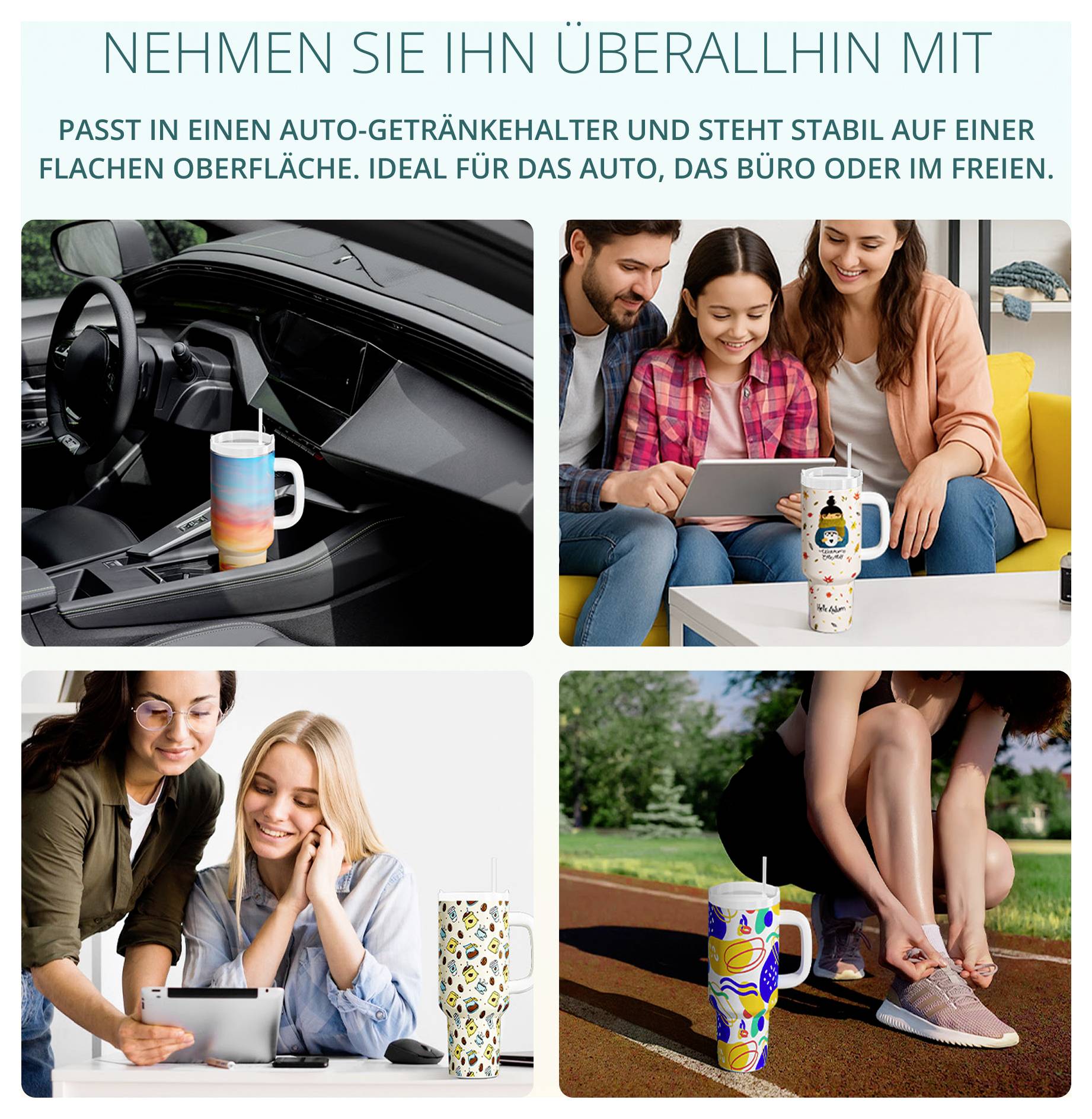 Werbegrafik: Becherhalter mit Griff, passt in Auto, Büro und draußen; gezeigt in Auto, auf Sofa, am Tisch und beim Sport.
