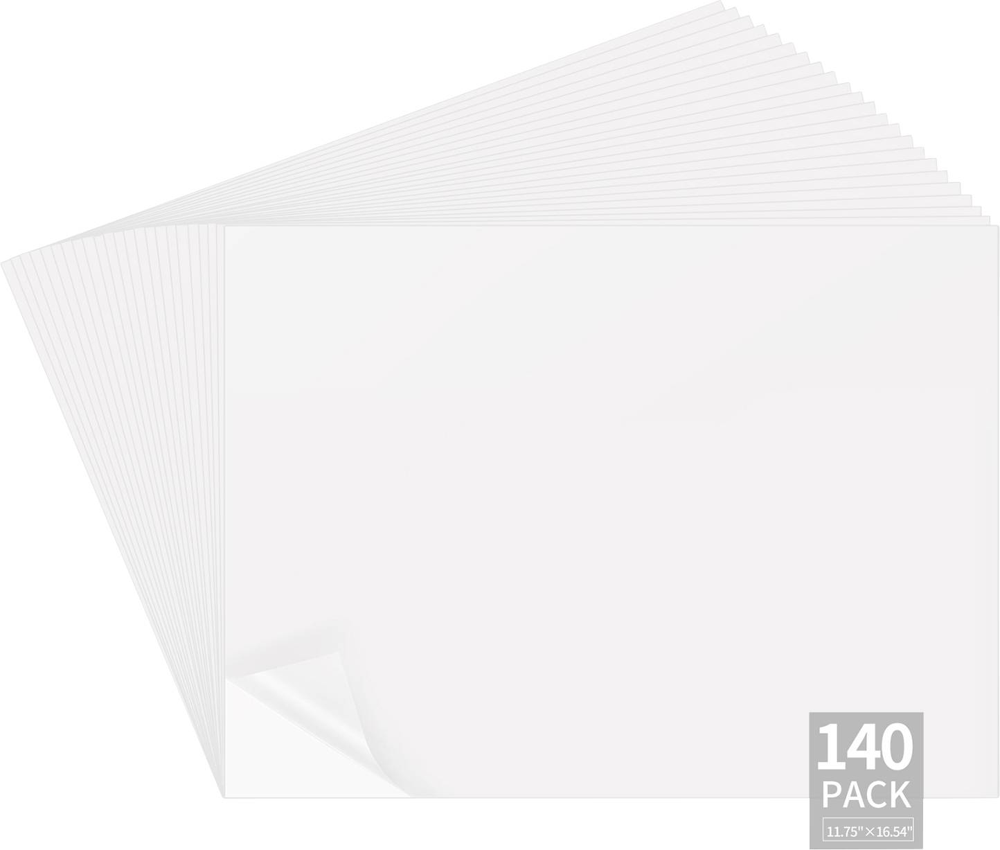 Weiß 140er-Pack leere 11,75 x 16,54 Zoll Blätter gestapelt in einem fächerförmigen Stapel, gezeigt als Produktverpackung.