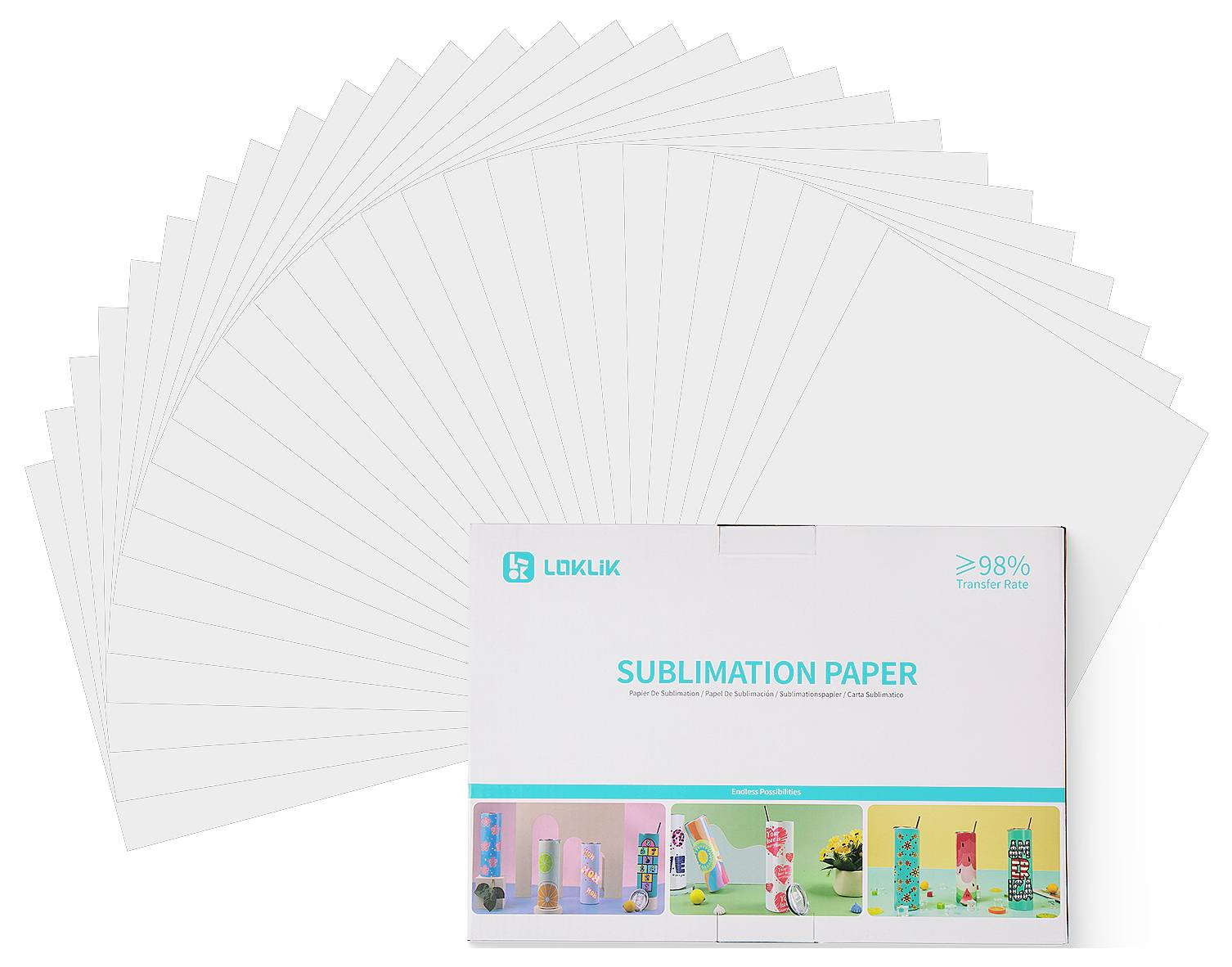 Stapel von Sublimationspapierblättern hinter einer Schachtel mit der Aufschrift „SUBLIMATIONSPAPIER" und „98% Transferrate".