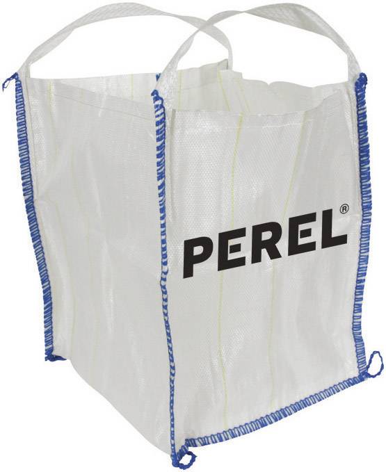 Großer, weißer Big Bag mit blauen Nähten und der Aufschrift 'PEREL' in Schwarz darauf. Der Big Bag hat zwei Tragegriffe.