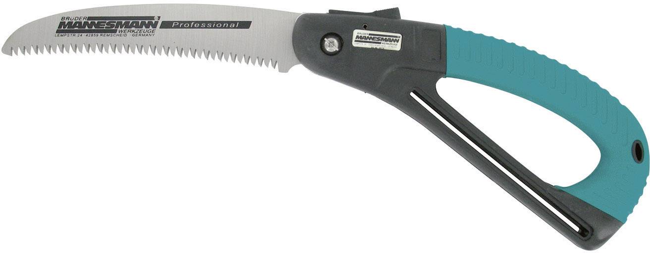 Klappsäge mit blauem Griff und silberner Klinge, gekennzeichnet mit 'Mannesmann Professional'. Ideal für Gartenarbeiten.