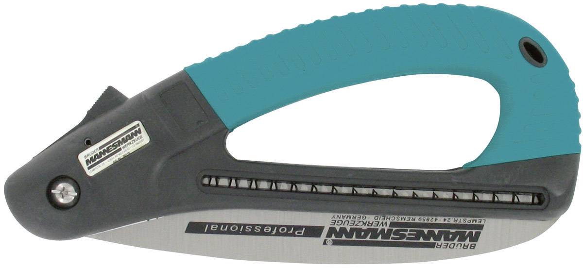 Klappbare Handsäge mit blauem Griff und silberner Klinge, geeignet für den professionellen Einsatz beim Beschneiden von Ästen.