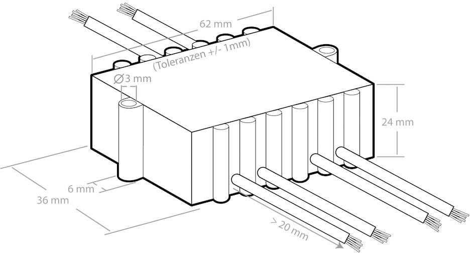 Technische Zeichnung eines rechteckigen elektrischen Bauelements mit Maßen: 62 mm Breite, 36 mm Tiefe, 24 mm Höhe, Kabelanschlüsse.