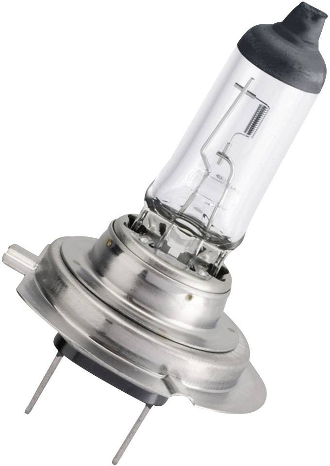 Halogen-Autolampe mit Metallfassung und Glasgehäuse, seitlich liegend, vor weißem Hintergrund.