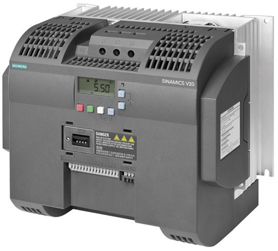 Industrie-Frequenzumrichter Siemens SINAMICS V20, Anzeige zeigt '5.50', mehrere Bedienknöpfe und Lüftungsschlitze sichtbar.