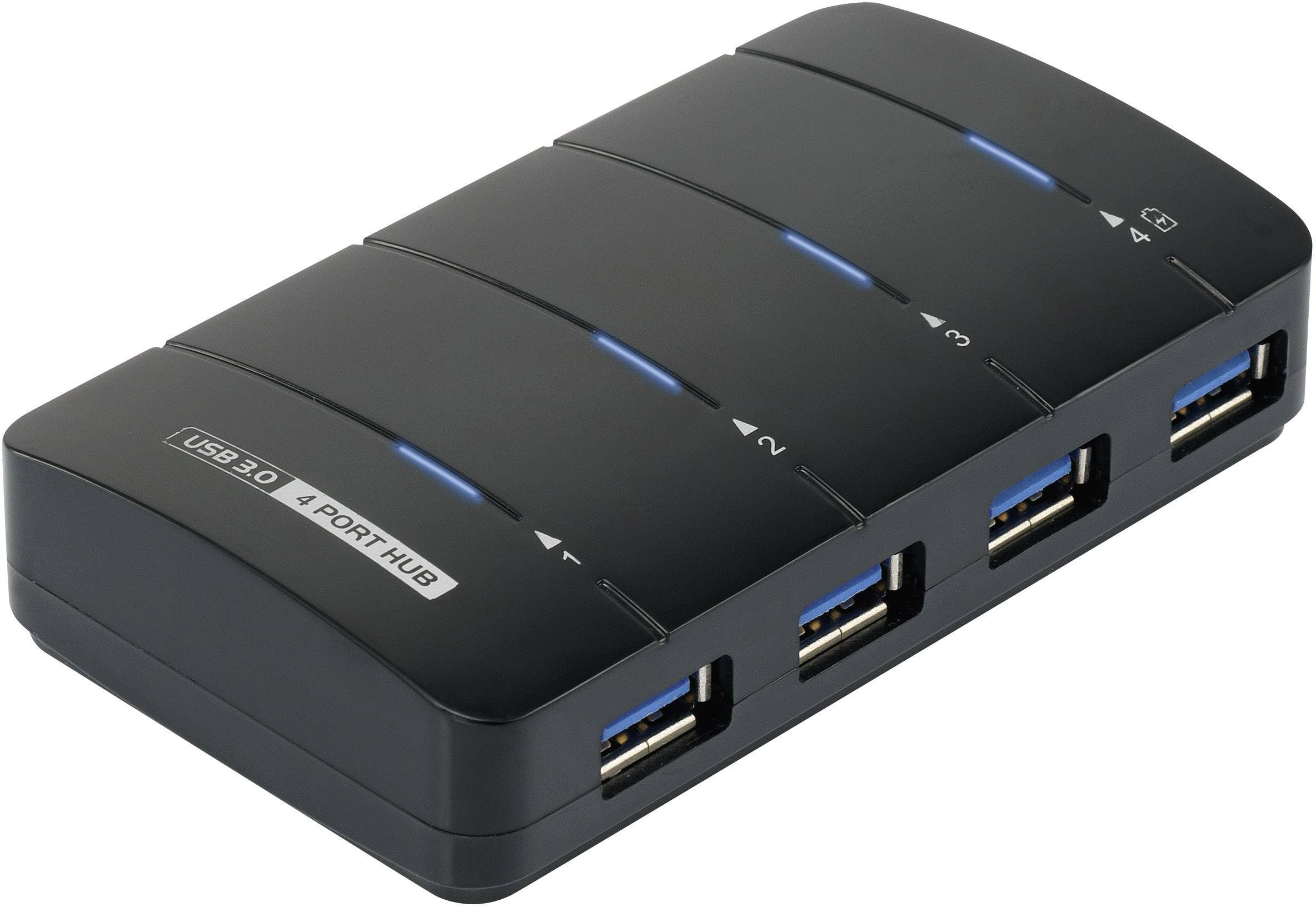 Schwarzer USB 3.0 Hub mit vier Ports, zeigt blaue LED-Anzeigen für aktive Verbindungen. Ideal zum Erweitern von USB-Anschlüssen.
