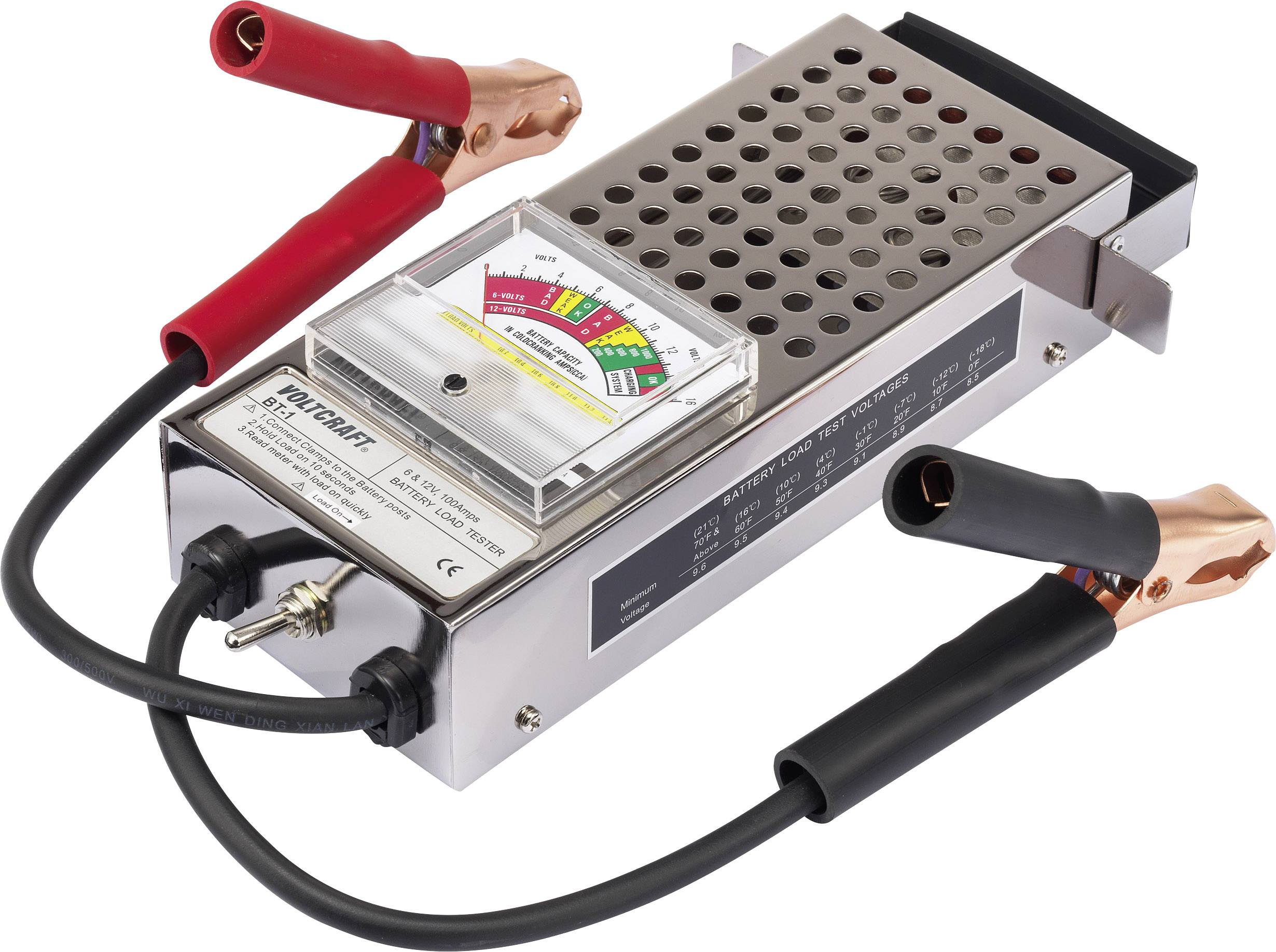 Batterietester mit analogem Messgerät und Krokodilklemmen in Rot und Schwarz zum Testen von Batteriezuständen.
