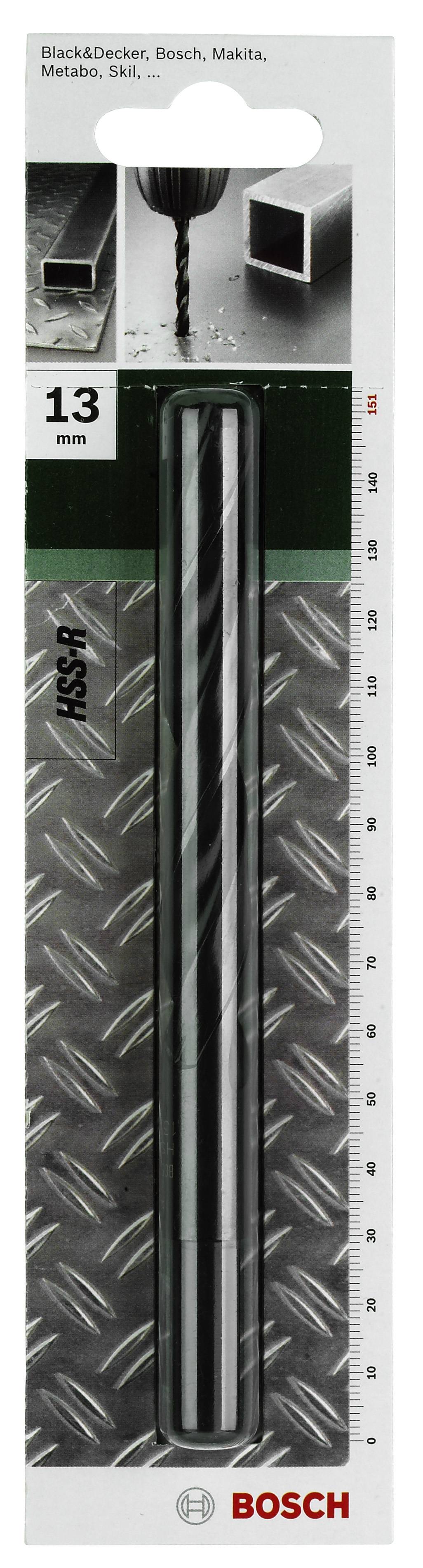 Bosch HSS-R Spiralbohrer Metall, 13mm Durchmesser, geeignet für Bohrmaschinen, Verpackung zeigt Bild des Bohrers mit Metall.