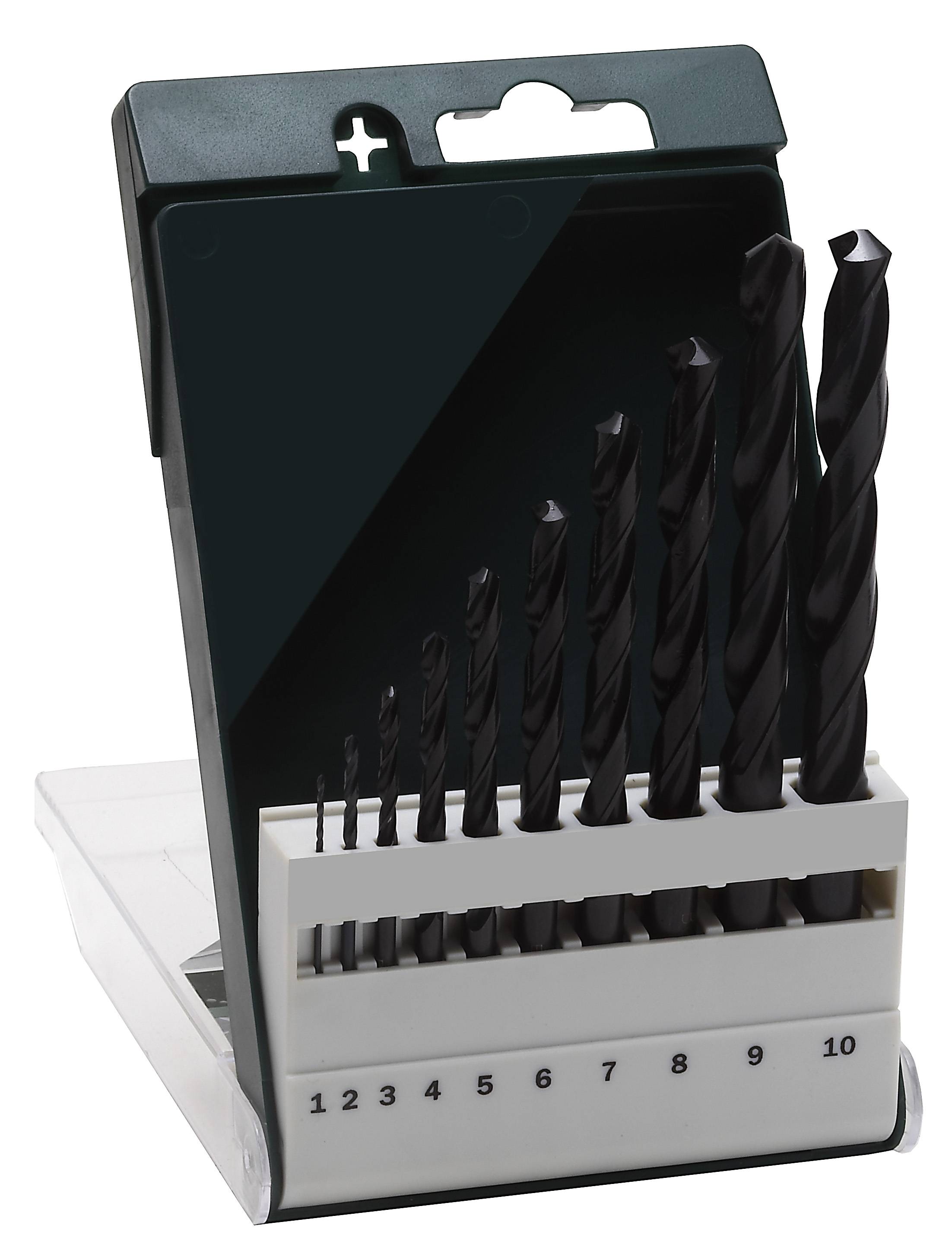 Ein Set von zehn schwarz beschichteten Spiralbohrern in einem offenen Kasten, nummeriert von 1 bis 10, auf einer weißen Halterung.
