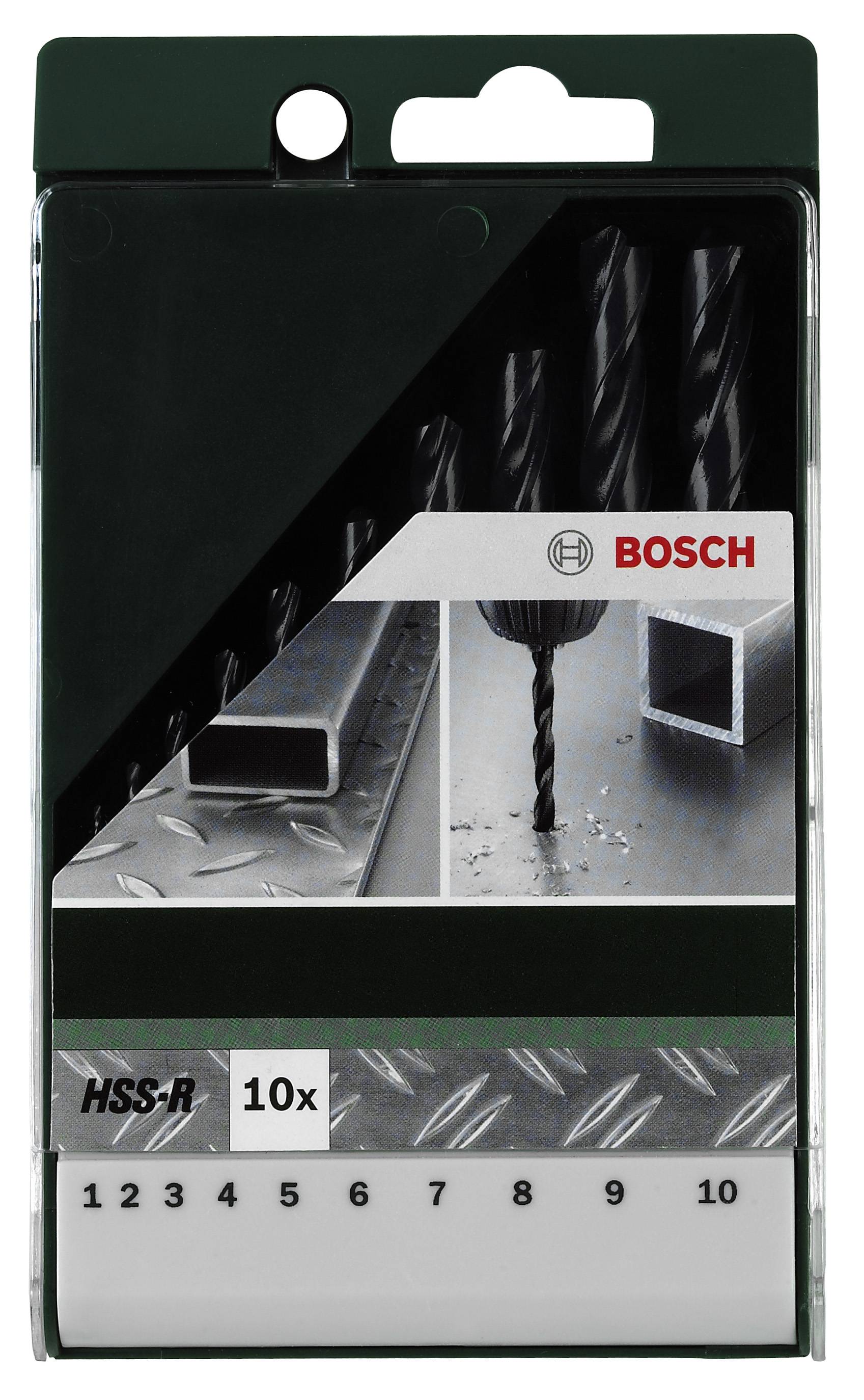 Bosch Metallbohrer-Set, 10 Teile. Enthält HSS-R Bohrer in verschiedenen Größen. Verpackung zeigt Anwendungsbeispiele auf Metall.