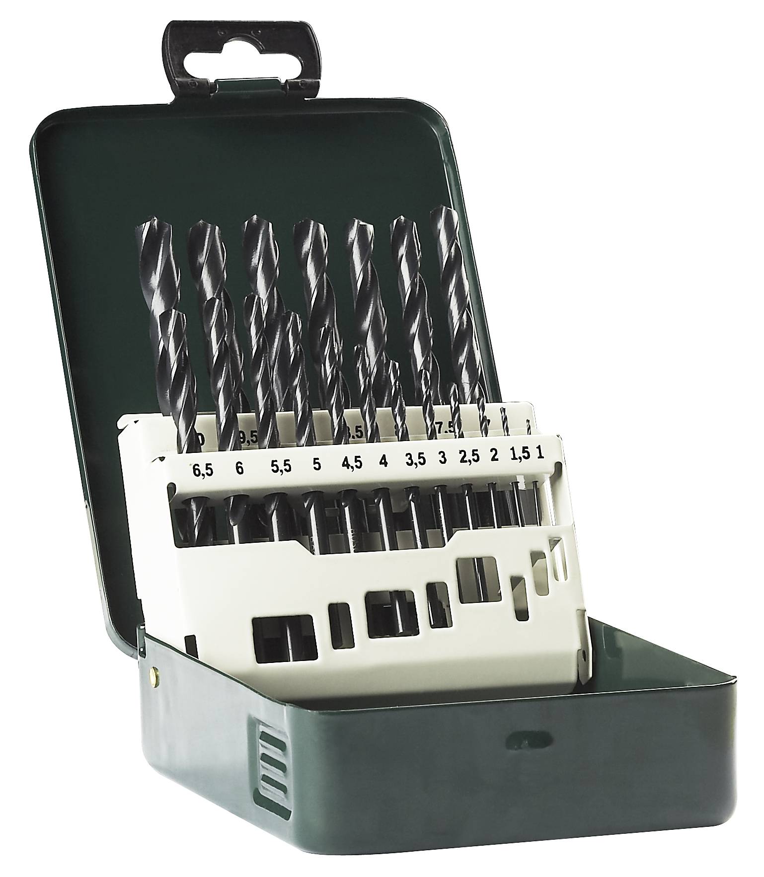 Metallbohrerset in offenem grünem Etui mit Bohrern verschiedener Größen, von 1,5 bis 6,5 mm, in geordneter Anordnung.