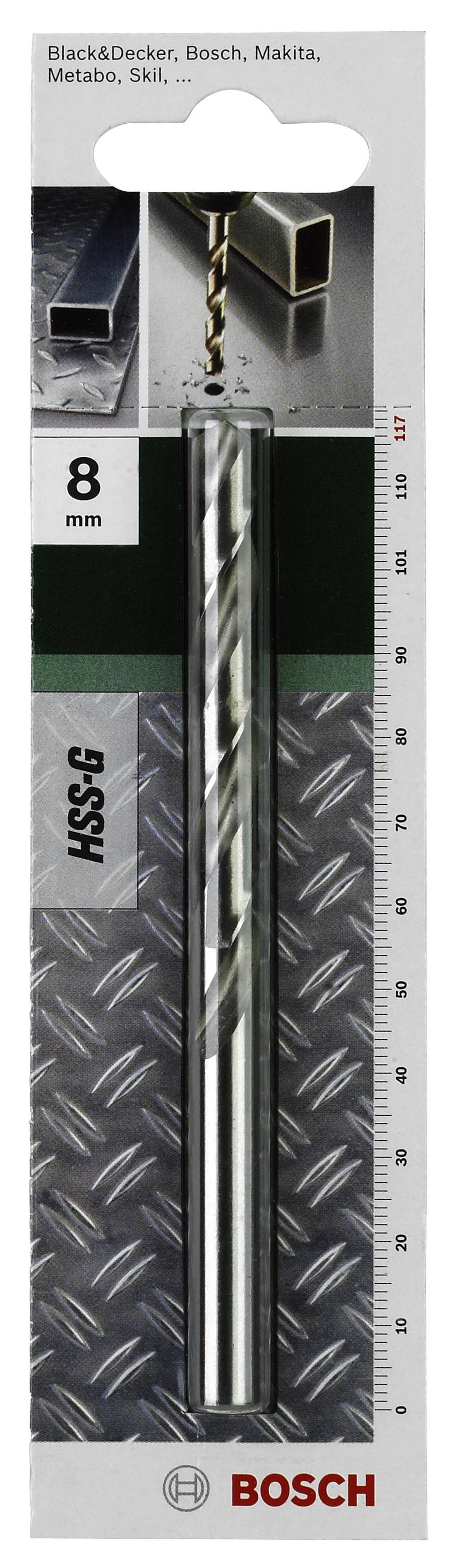 'Bosch 8 mm Metallbohrer', geeignet für Stahl und Metallbohren. Verpackung zeigt Bohrerspitze und Anwendungsmöglichkeiten.