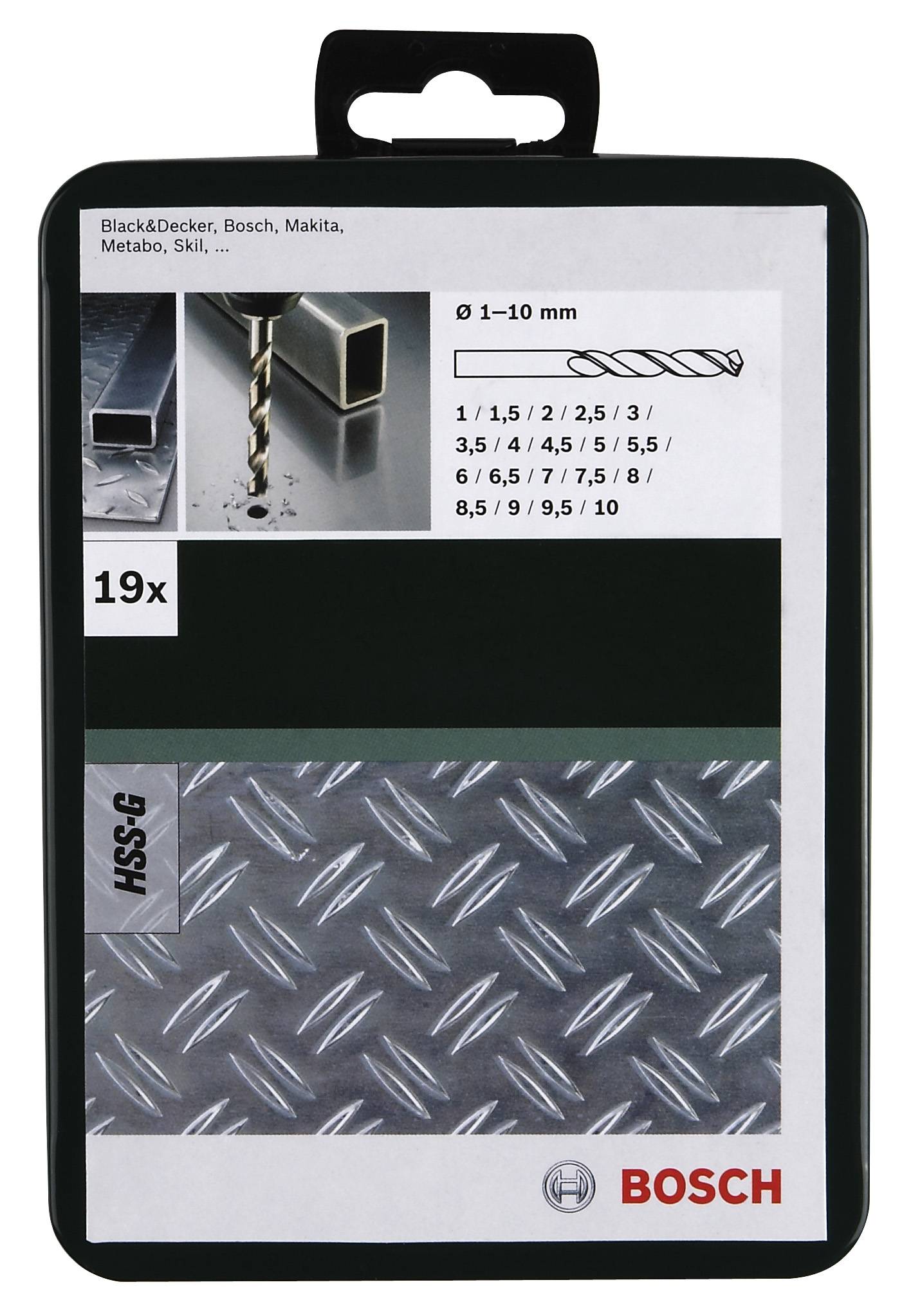 Bohrerset von Bosch mit 19 Teilen, geeignet für Metallbohrungen. Verpackung zeigt Bohrergrößen und Kompatibilität mit verschiedenen Marken.