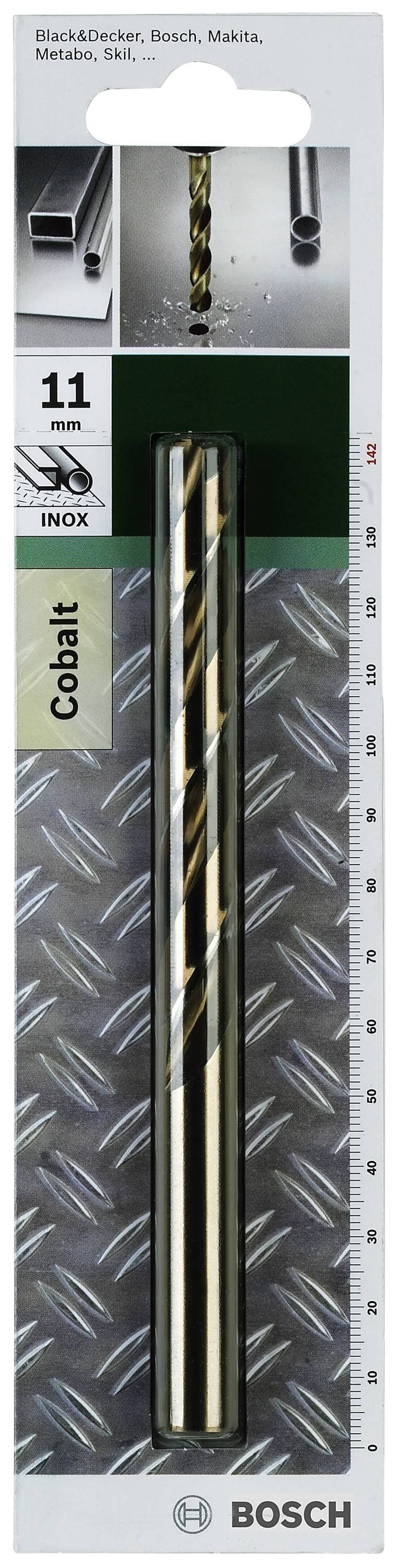 Bohrer aus Kobalt, 11 mm Durchmesser, geeignet für Edelstahl. Verpackung zeigt Bohrer und dessen Anwendungsmöglichkeiten.