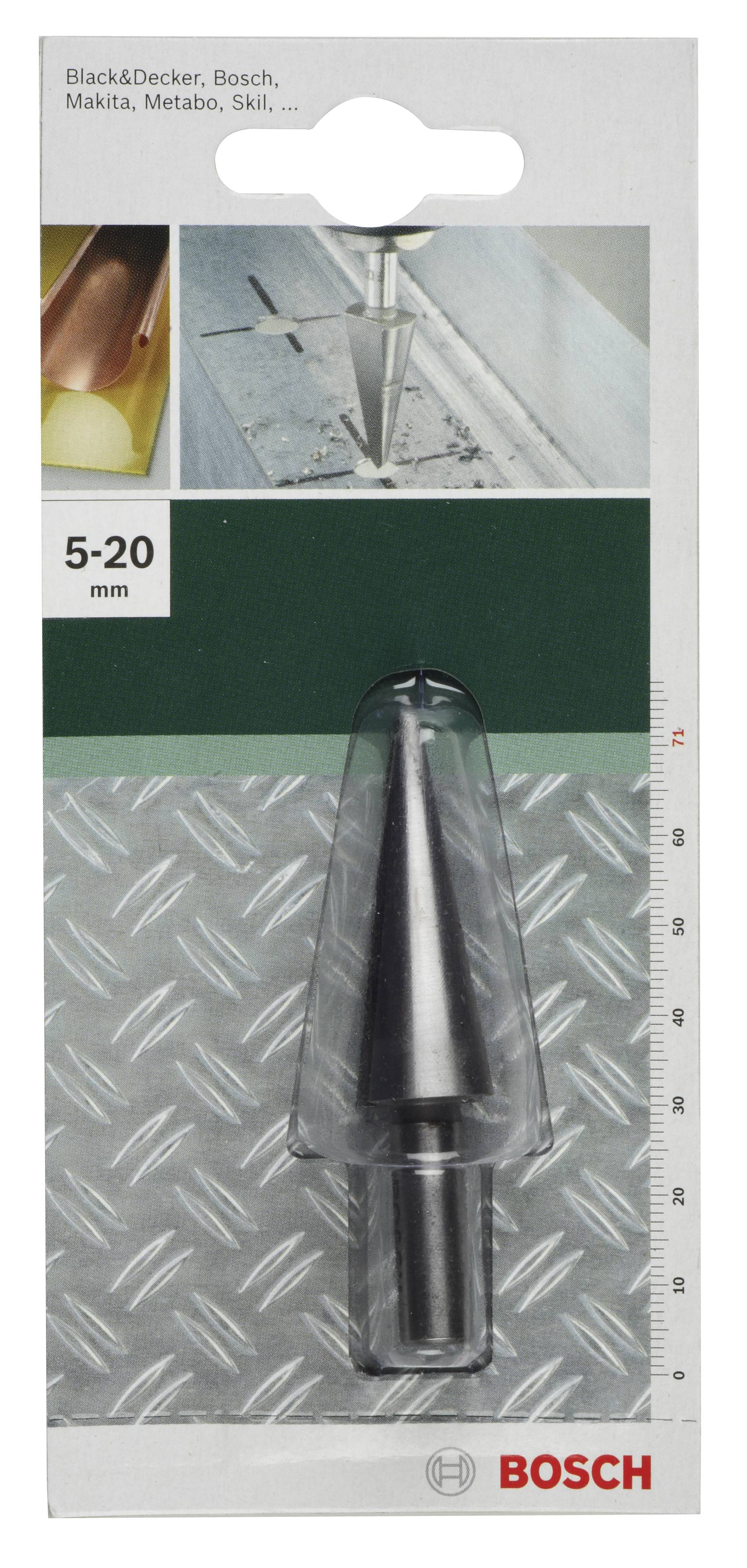 Silberner Stufenbohrer für Metall, Verpackung zeigt Anwendungsbeispiel. Erhältlich in Größen von 5-20 mm. Marke: Bosch.