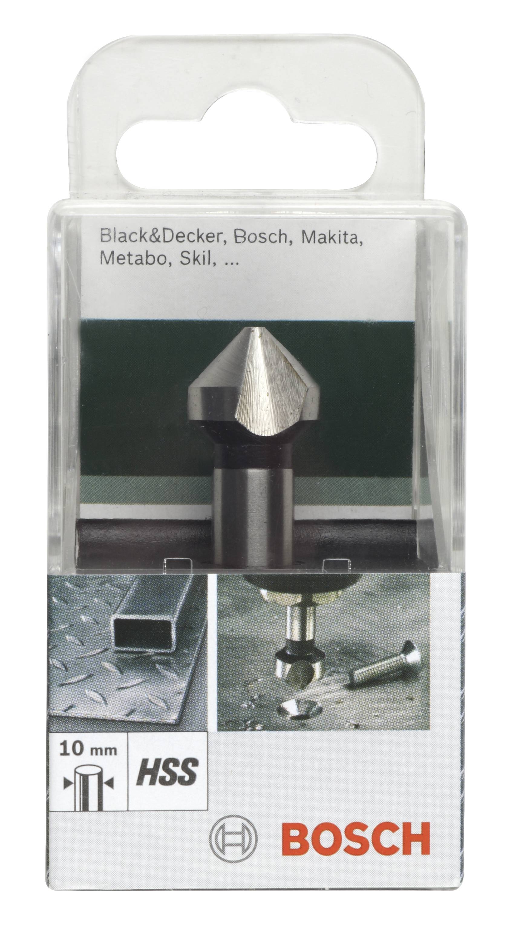 Bohrer mit 10 mm Schneide für Metalle. Verpackung zeigt kompatible Marken: Black&Decker, Bosch, Makita, Metabo, Skil.