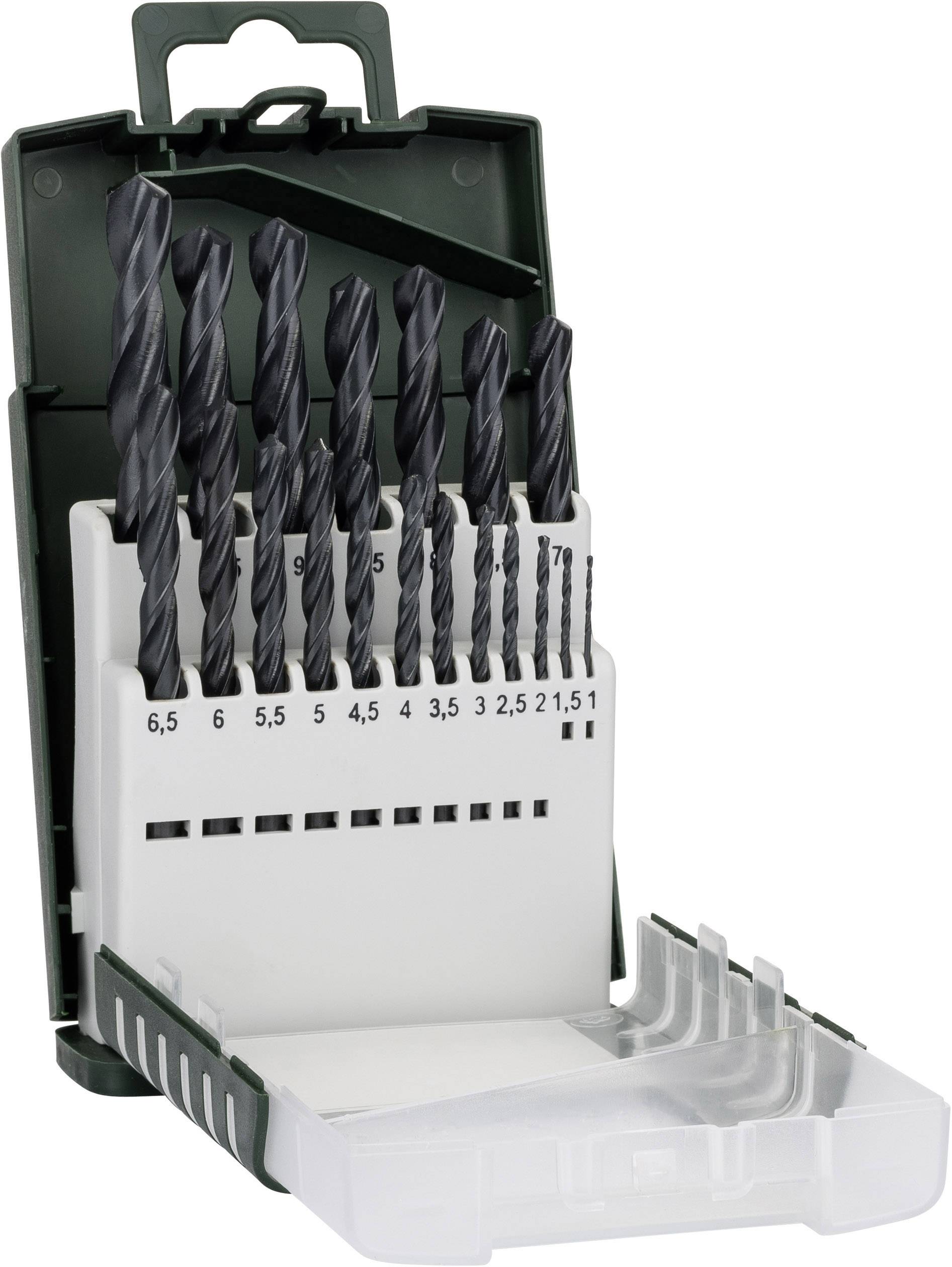 Bohrer-Set in offener, grüner Kunststoffbox mit 19 verschiedenen Größen von 1,0 mm bis 6,5 mm, aufgestellt zur leichten Entnahme.