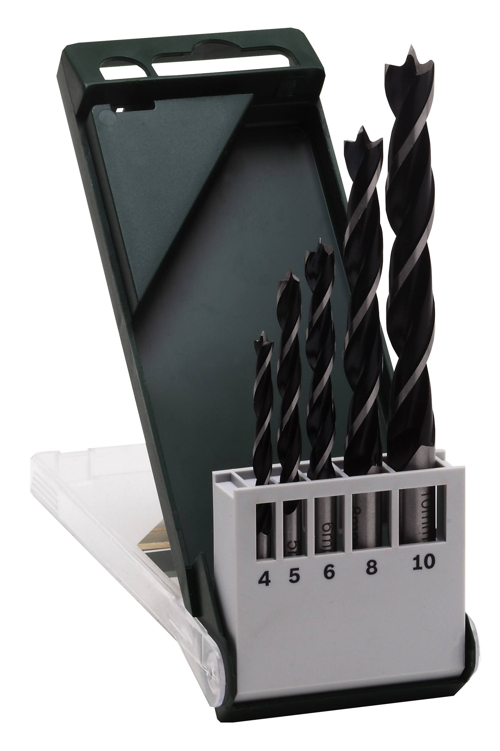 Werkzeugset mit fünf Holzbohrern in verschiedenen Größen, angeordnet in einem offenen grünen Etui. Größen: 4, 5, 6, 8, 10 mm.