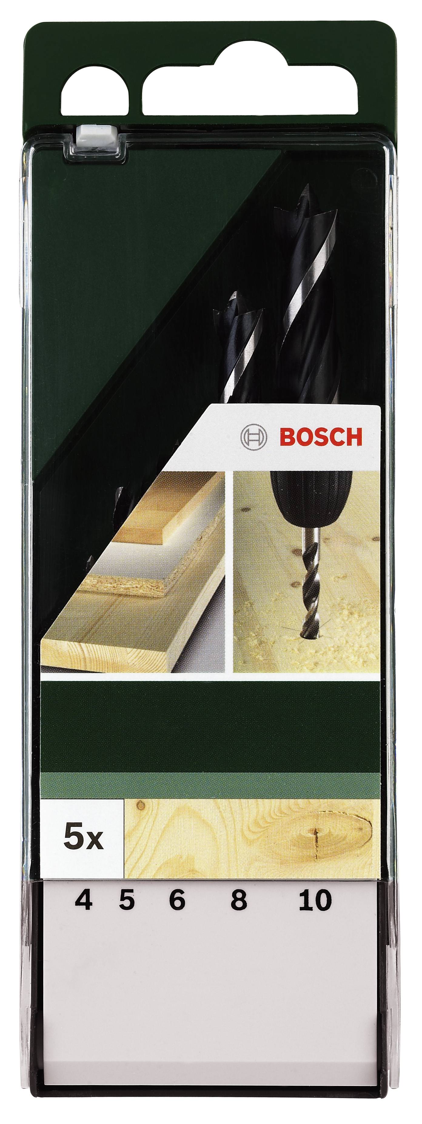 Bohraufsatz-Set von Bosch, 5-teilig, für Holz. Verschiedene Größen: 4, 5, 6, 8, 10 mm. Verpackung zeigt Beispielanwendung im Holz.