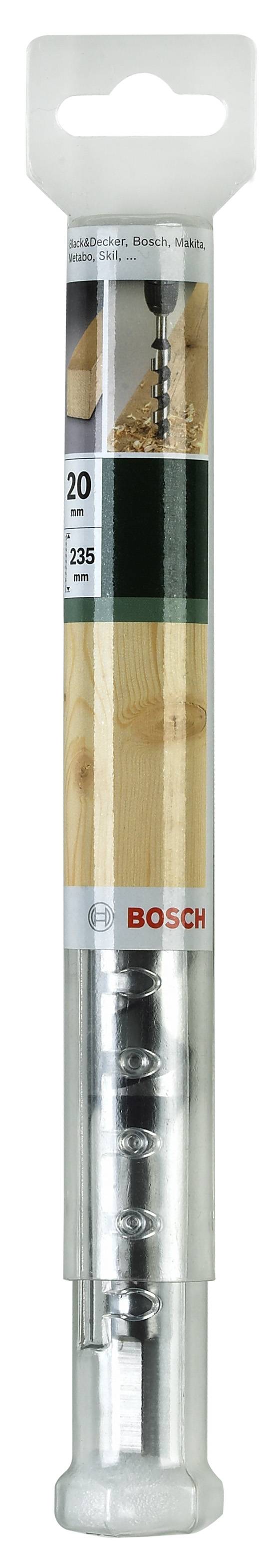 Ein Bosch-Bohraufsatz in einer transparenten Kunststoffverpackung mit Produktinformationen und Logo gut sichtbar.