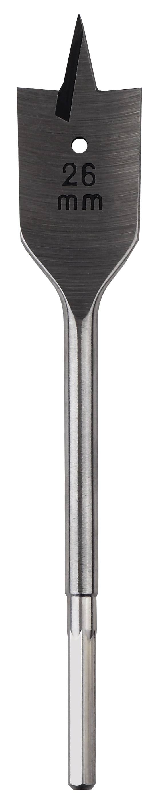 Flachfräsbohrer, 26 mm Durchmesser, aus Metall. 긴 Hex-Schaft, scharfe Spitze und Kanten für Holzbohren.