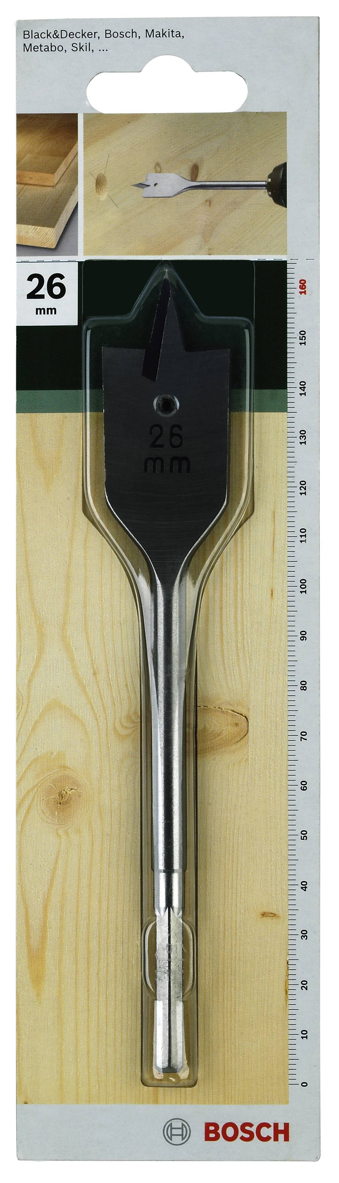 'Bosch Flachfräsbohrer 26 mm' in Originalverpackung. Werkzeug für Holzbohrungen, angezeigt auf hellem Hintergrund.