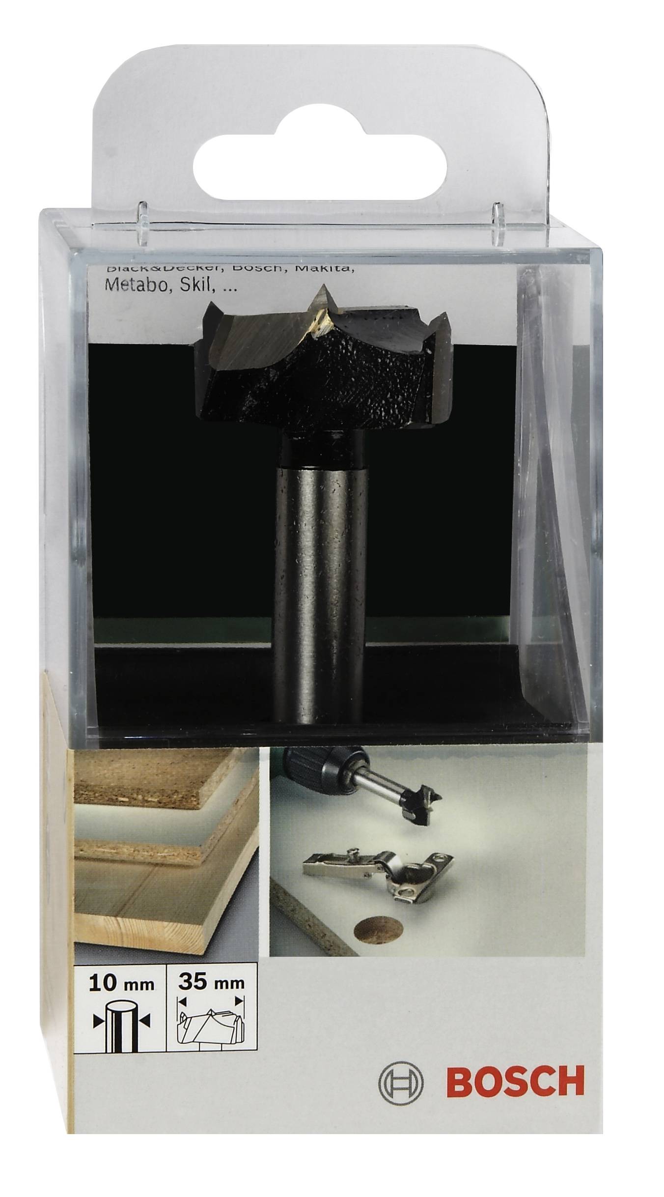 Ein Bosch-Holzbohrer in einer Verpackung. Geeignet für präzises Bohren in Holz, zeigt Bohrdurchmesser von 10 mm und Bohrlänge von 35 mm.