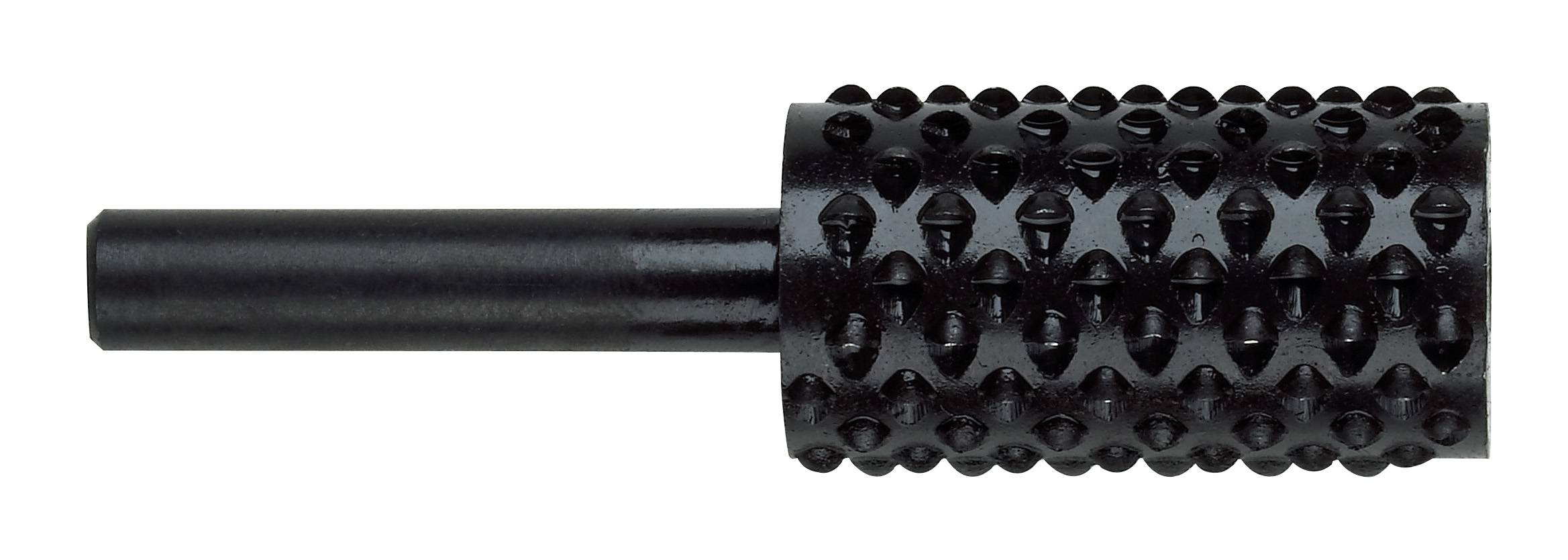 Ein schwarzer, zylindrischer Metallbohrer mit einer strukturierten Oberfläche aus kleinen, gleichmäßig angeordneten Erhebungen.