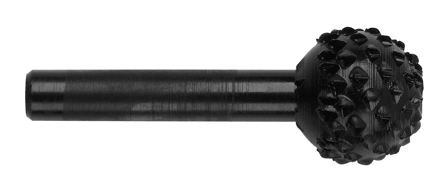 Frässtift mit kugelförmigem Kopf und grober Struktur, für die Bearbeitung von Werkstoffen wie Metall oder Holz.