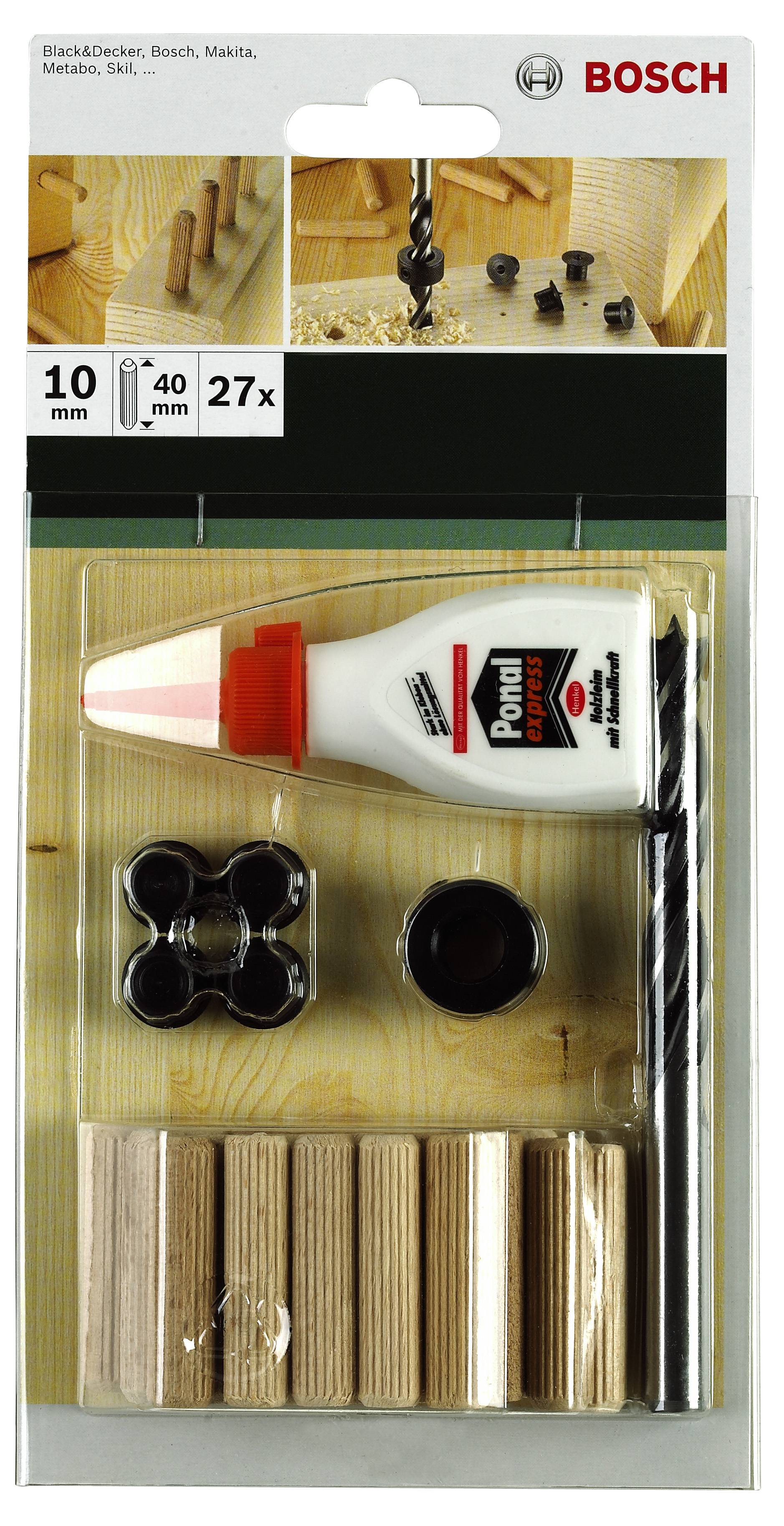 Bohrset von Bosch mit Dübeln, Bohrer und Holzleim, geeignet für die Verbindung von Holzteilen. Verpackung zeigt Bohranwendung.