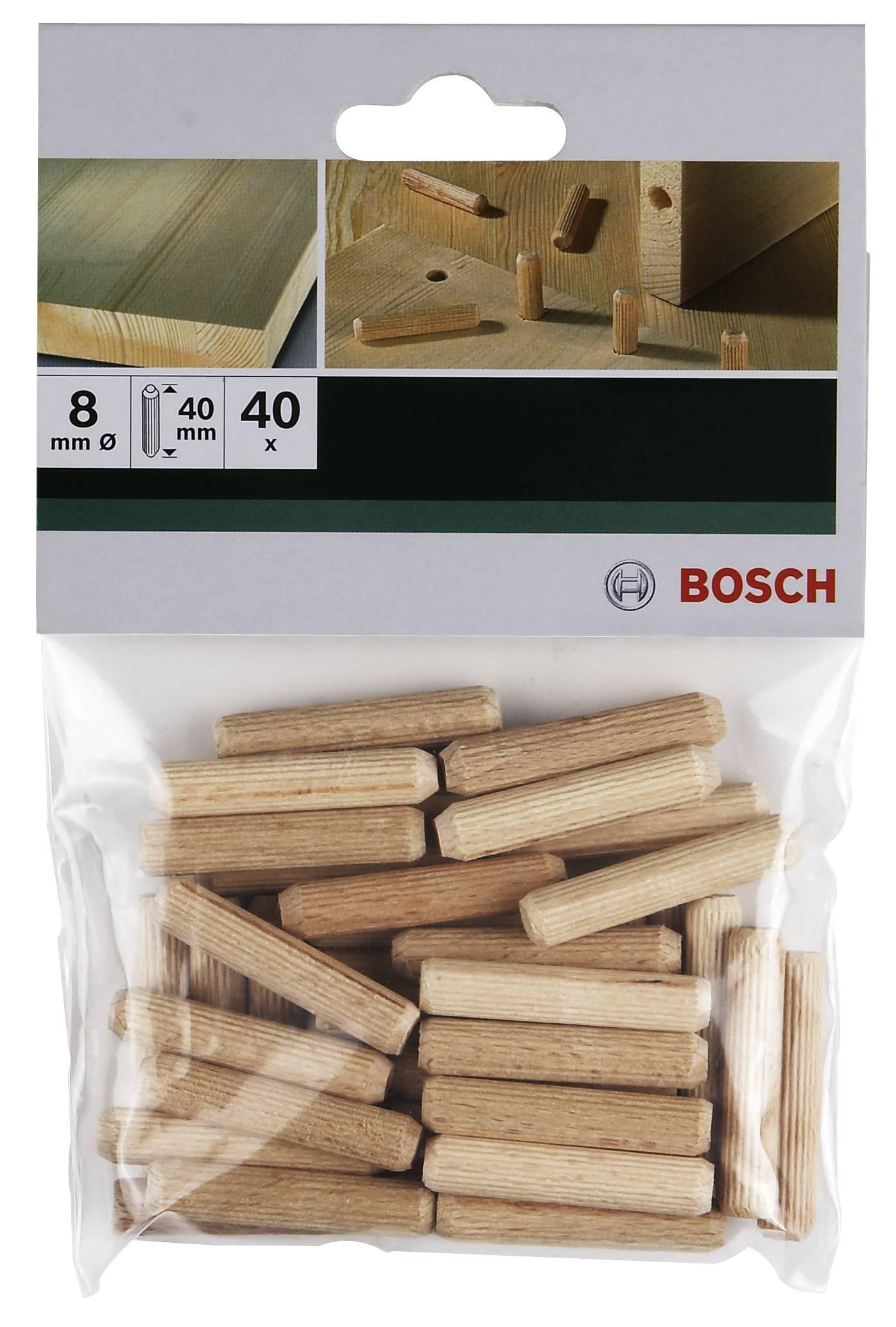 Eine Packung mit 40 Holzdübeln von Bosch, Durchmesser 8 mm, Länge 40 mm, gezeigt mit Anwendungsbeispielen auf der Verpackung.