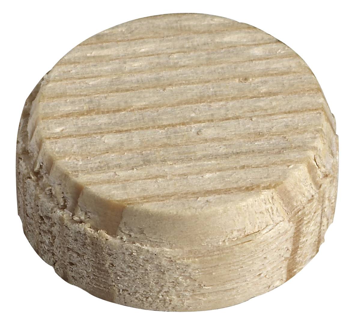 Ein runder, cremefarbener Holz-Dübel mit geriffelter Textur.